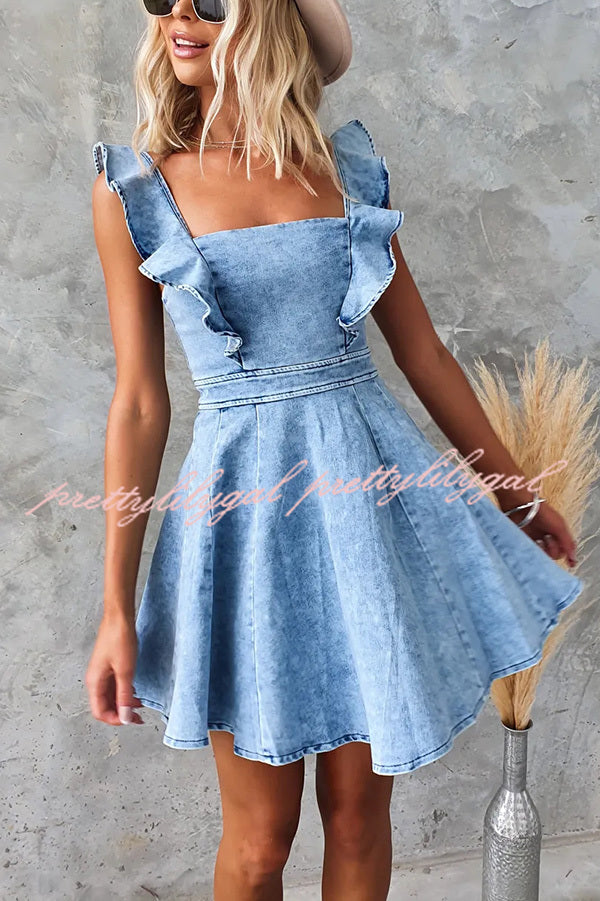Sweet Secret Women's Denim Square Neck Ruffle Sleeve Stretch Mini Dress - Casual Summer Outfit for Date Night & Beach Vacation