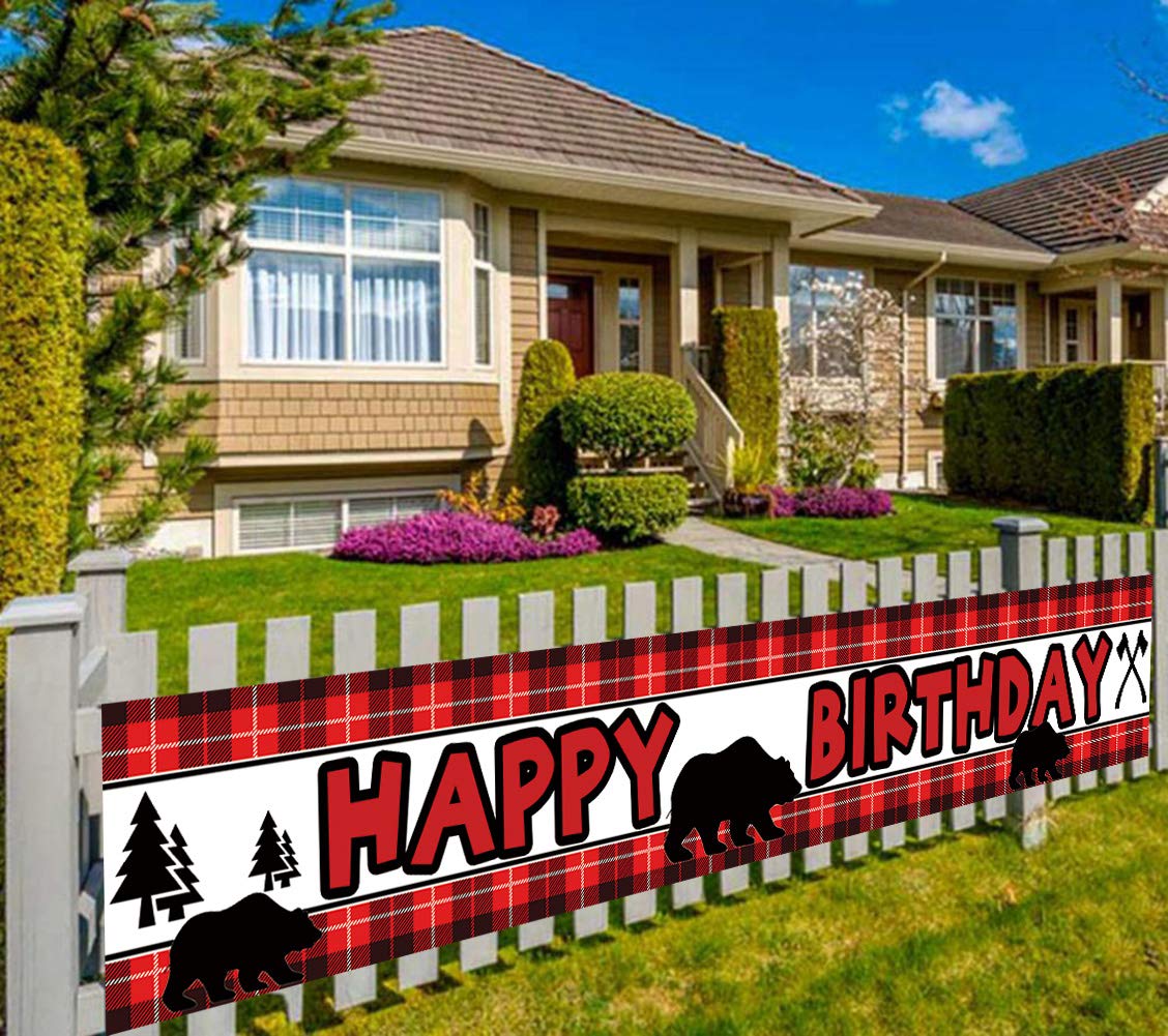 Large Lumberjack Birthday Banner - Red Buffalo Plaid Party Decoration with Woodland Bear Design (9.8x1.5 ft) - Perfect for Rustic Themed Parties, Camping Celebrations & Outdoor Events