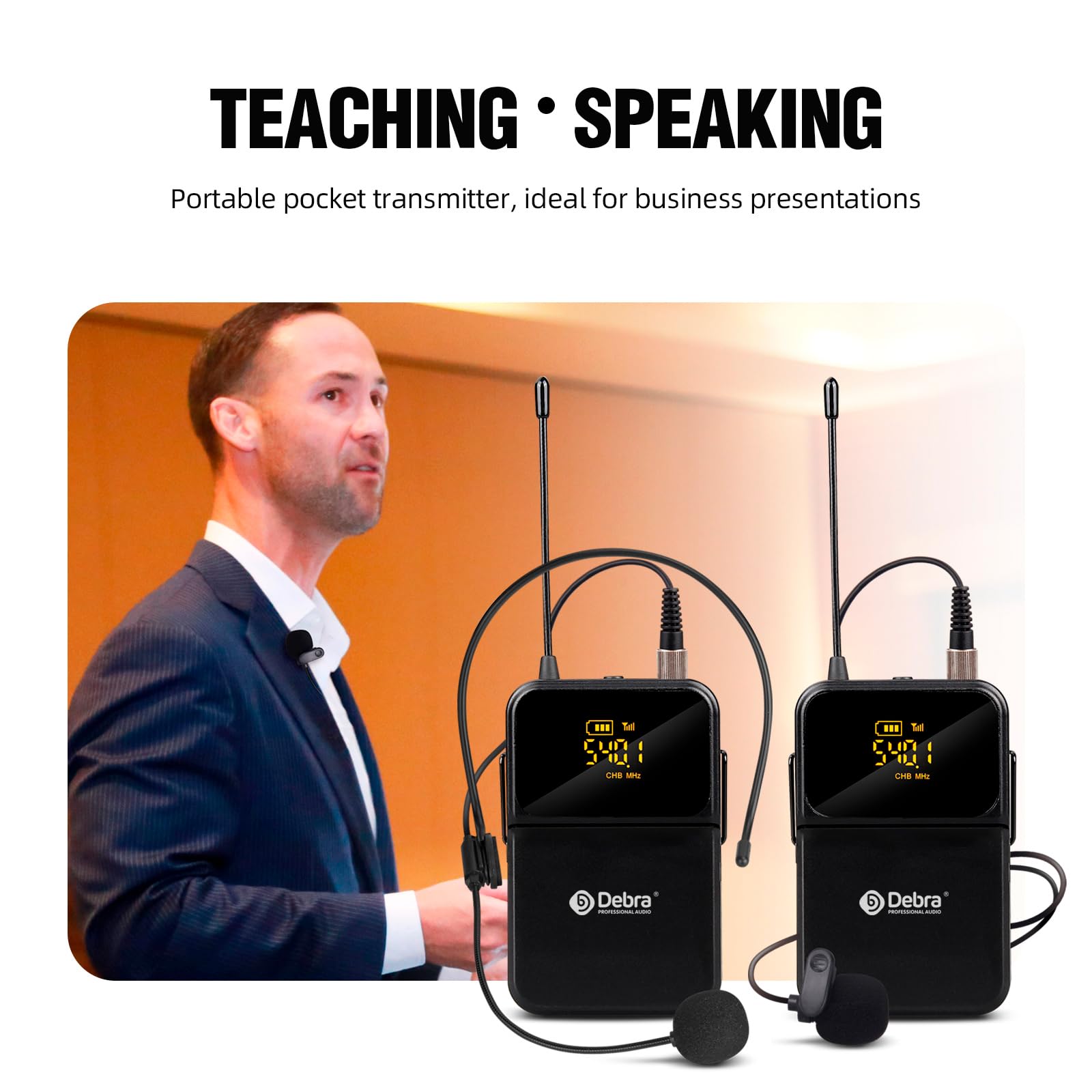 Professional DU4004 UHF Wireless Microphone System - 4 Adjustable Channels with 2 Handheld & 2 Lavalier Mics for Church, Meetings, Speeches & Events | D Debra Audio