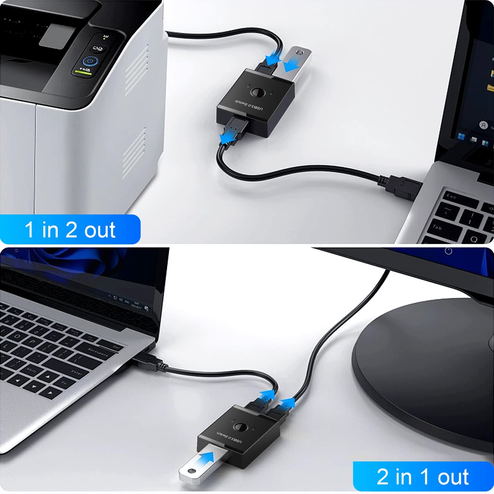 Tsadeer USB 3.0 KVM Switch - 2 Port USB Hub for Sharing Keyboard, Mouse & Printer Between 2 Computers | Ideal for Home Office & Gaming Setup | PC Peripheral Sharing Solution