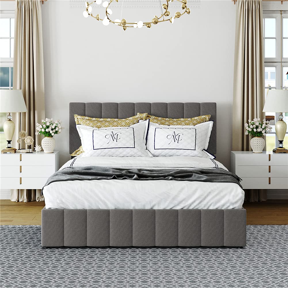**Queen Size Wooden Upholstered Platform Bed with Hydraulic Storage System & Linen Fabric Headboard - Modern Gray Bed Frame for Bedroom, Guest Room, or Small Space**