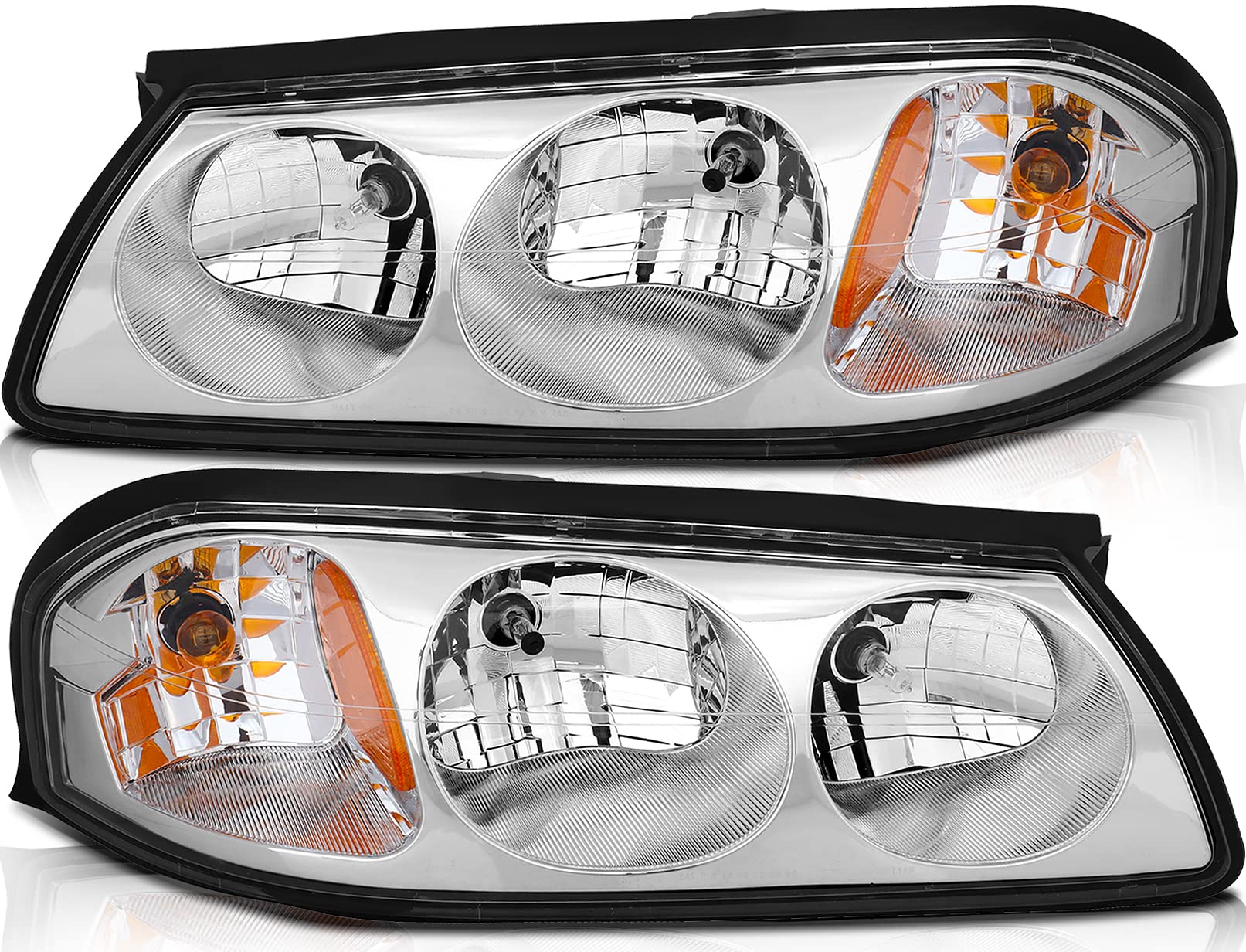 2000-2005 Chevrolet Impala Headlight Assembly - Chrome Housing with Amber Reflector & Clear Lens - Driver & Passenger Side Replacement Headlamps for Night Driving & Enhanced Visibility