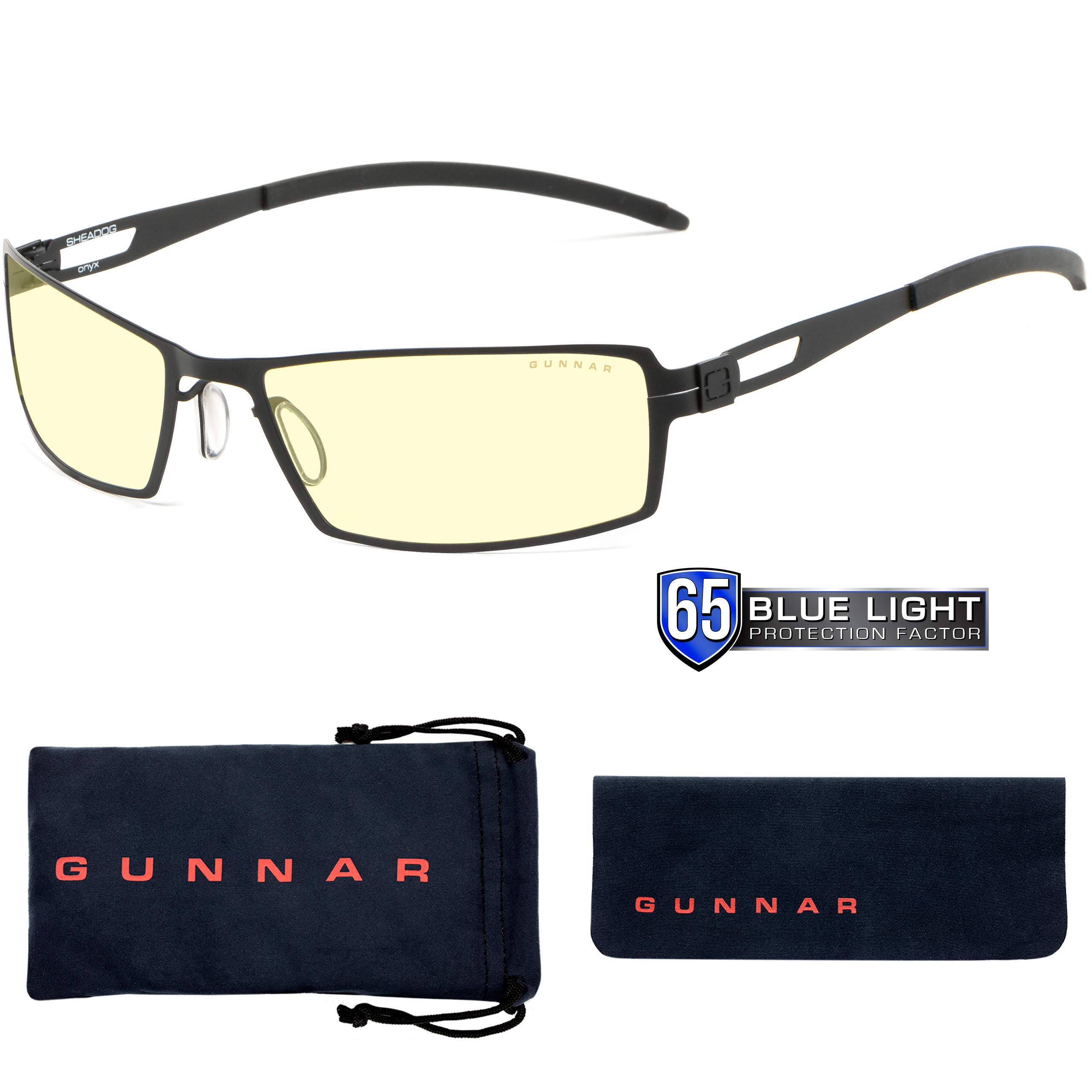 GUNNAR Blue Light Blocking Gaming Glasses - 65% Blue Light Reduction - SheaDog, Onyx, Amber Tint - Unisex Case Included - Black - One Size - Perfect for Gamers & Computer Users