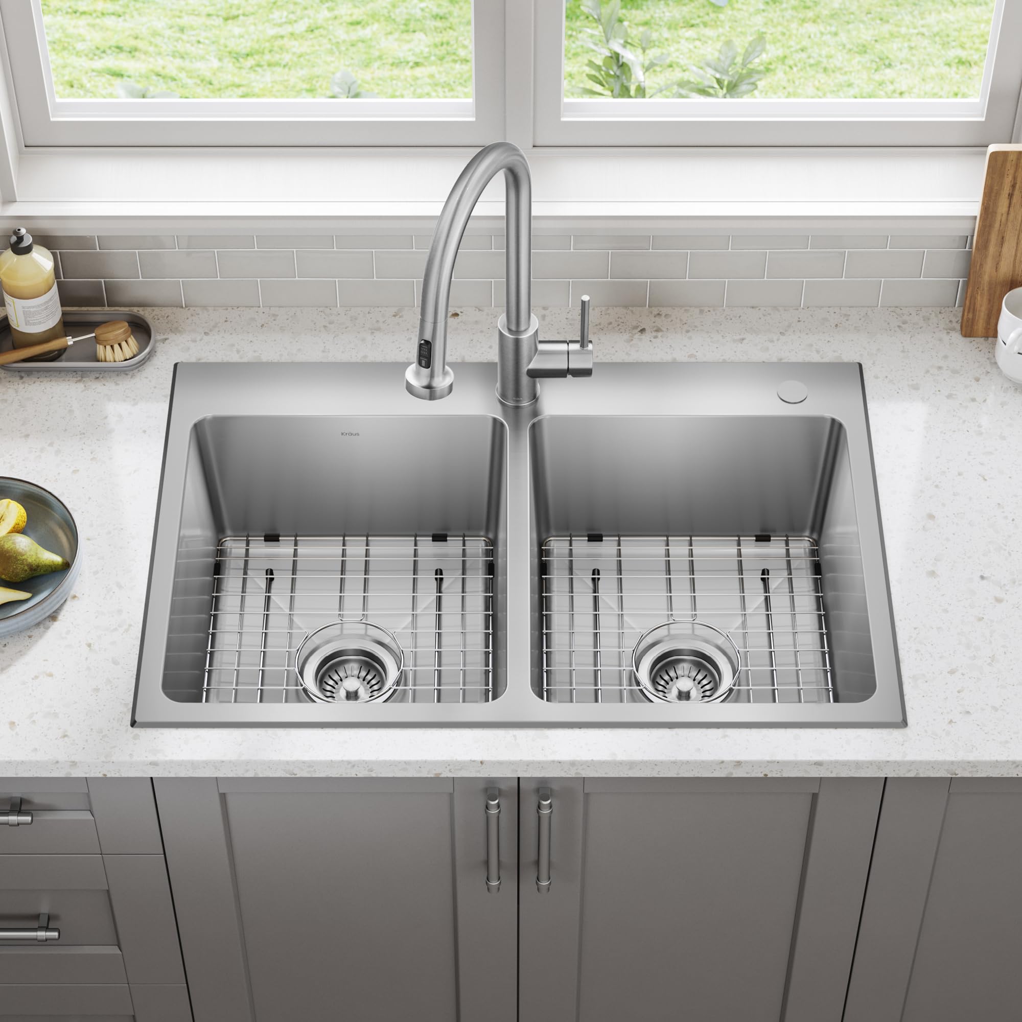 KRAUS Fairlane 33-inch Drop In/Top Mount Double Bowl 18-Gauge Stainless Steel Kitchen Sink KHT632-33 - Perfect for Modern Kitchens & Heavy-Duty Cooking