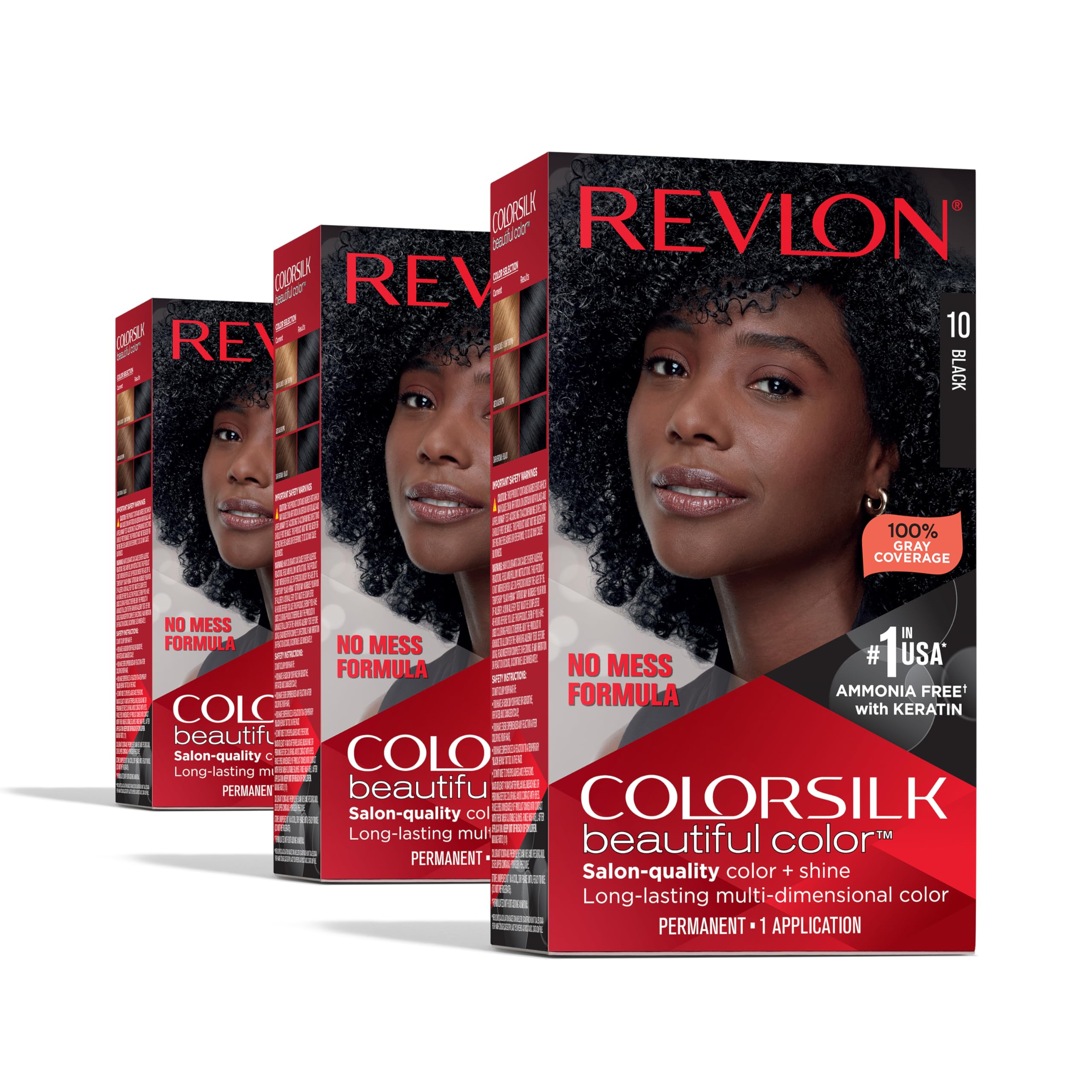 Revlon Colorsilk Permanent Hair Dye - 10 Black (Pack of 3) | Ammonia-Free Formula for Vibrant, Long-Lasting Color | At-Home Hair Coloring for Women & Men | Perfect for Touch-Ups, Gray Coverage & Full Color Transformation