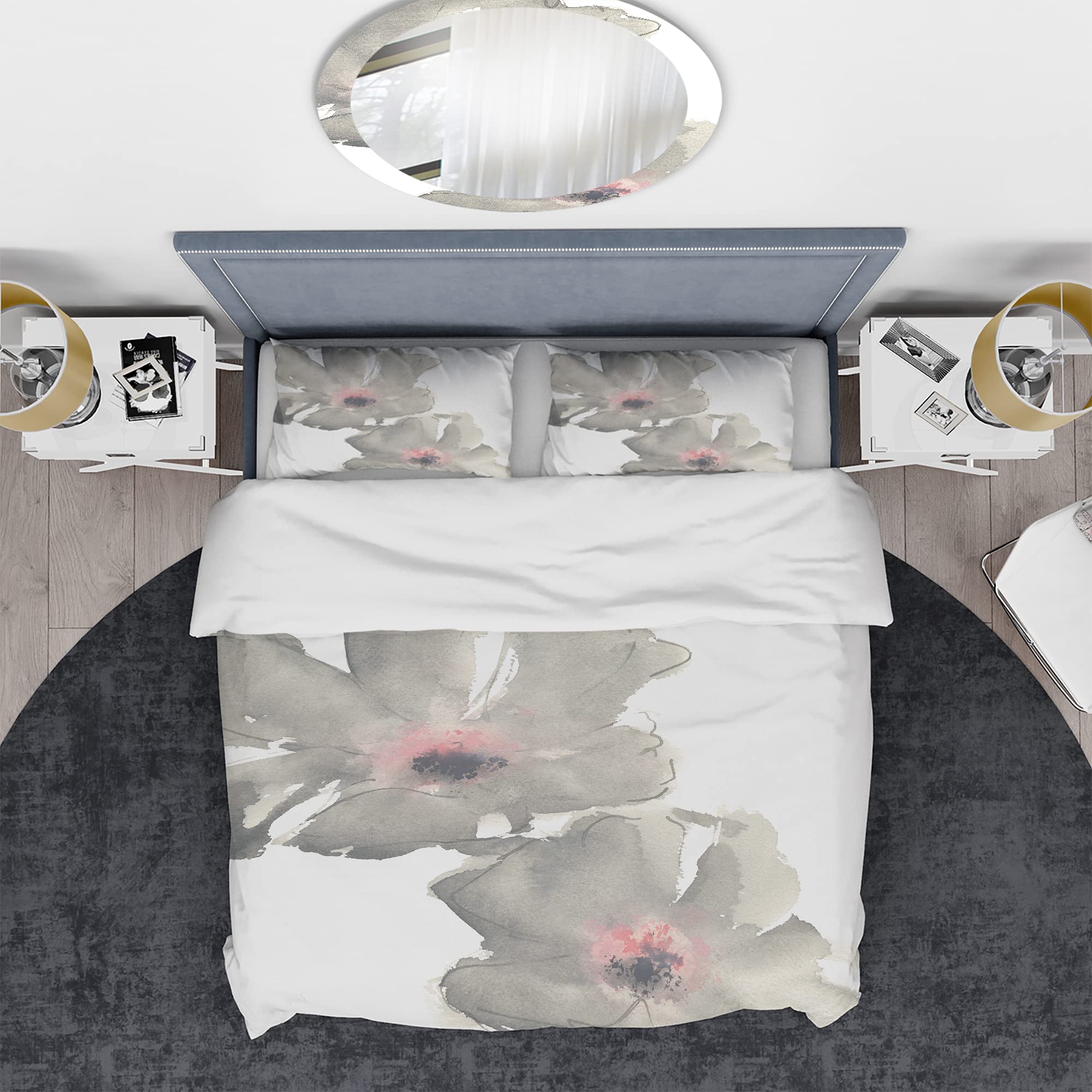 DesignQ Shabby Gray Blush Cosmo II Shabby Chic Duvet Cover Set - King Size Grey Floral Bedding (3-Piece) | All-Season Luxury Bedding for Master Bedroom & Guest Room Decor