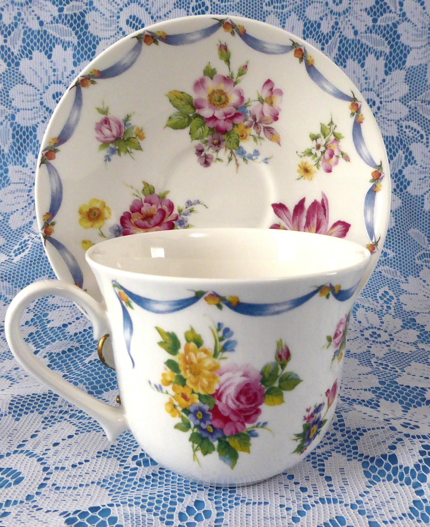 Roy Kirkham Floral Bone China Dresden Spray Breakfast Cup and Saucer Set - Perfect for English Tea Time, Breakfast, and Elegant Dining