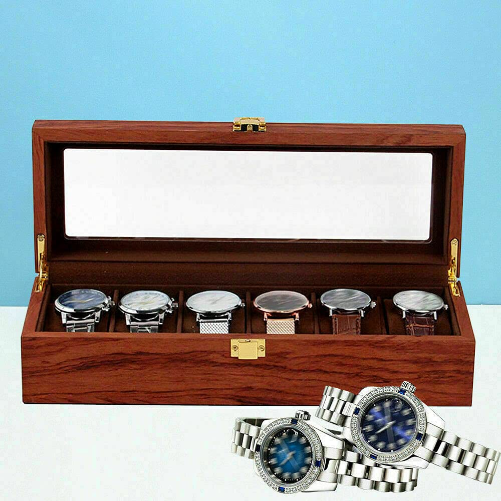 Wooden Watch Box for Men - 6 Grids Rose Wood Grain Watch Organizer & Jewelry Storage for Travel & Display
