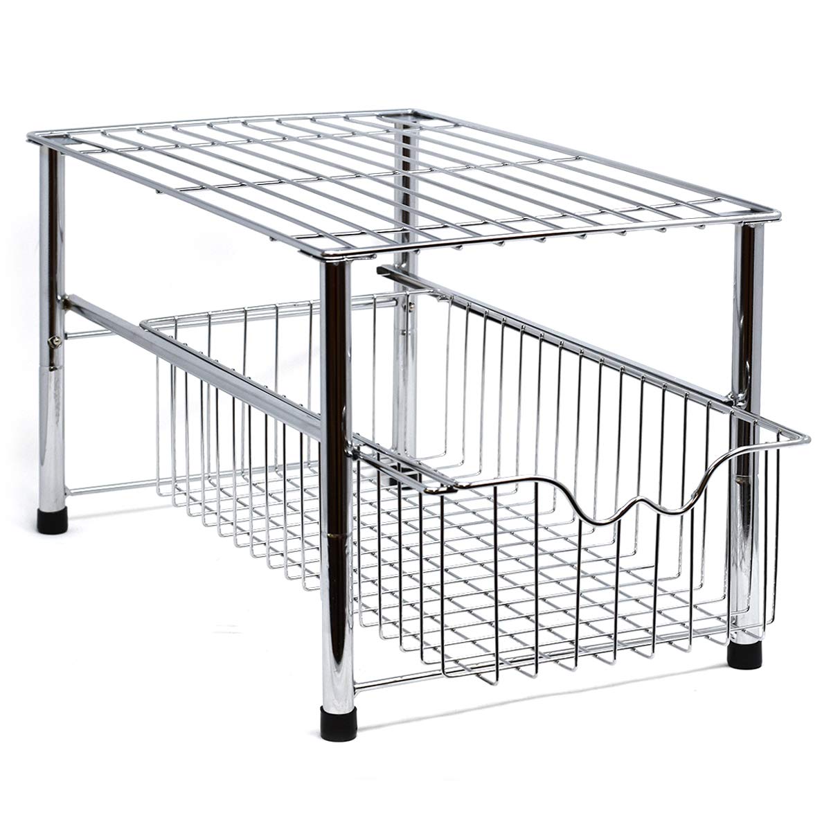 Joeji's Under Sink Organizer - Multi-Purpose Kitchen Cabinet Storage Basket, Iron Chrome Drawer Organizer for Bathroom & Kitchen (Perfect for Sponges, Soaps & Cleaning Supplies)