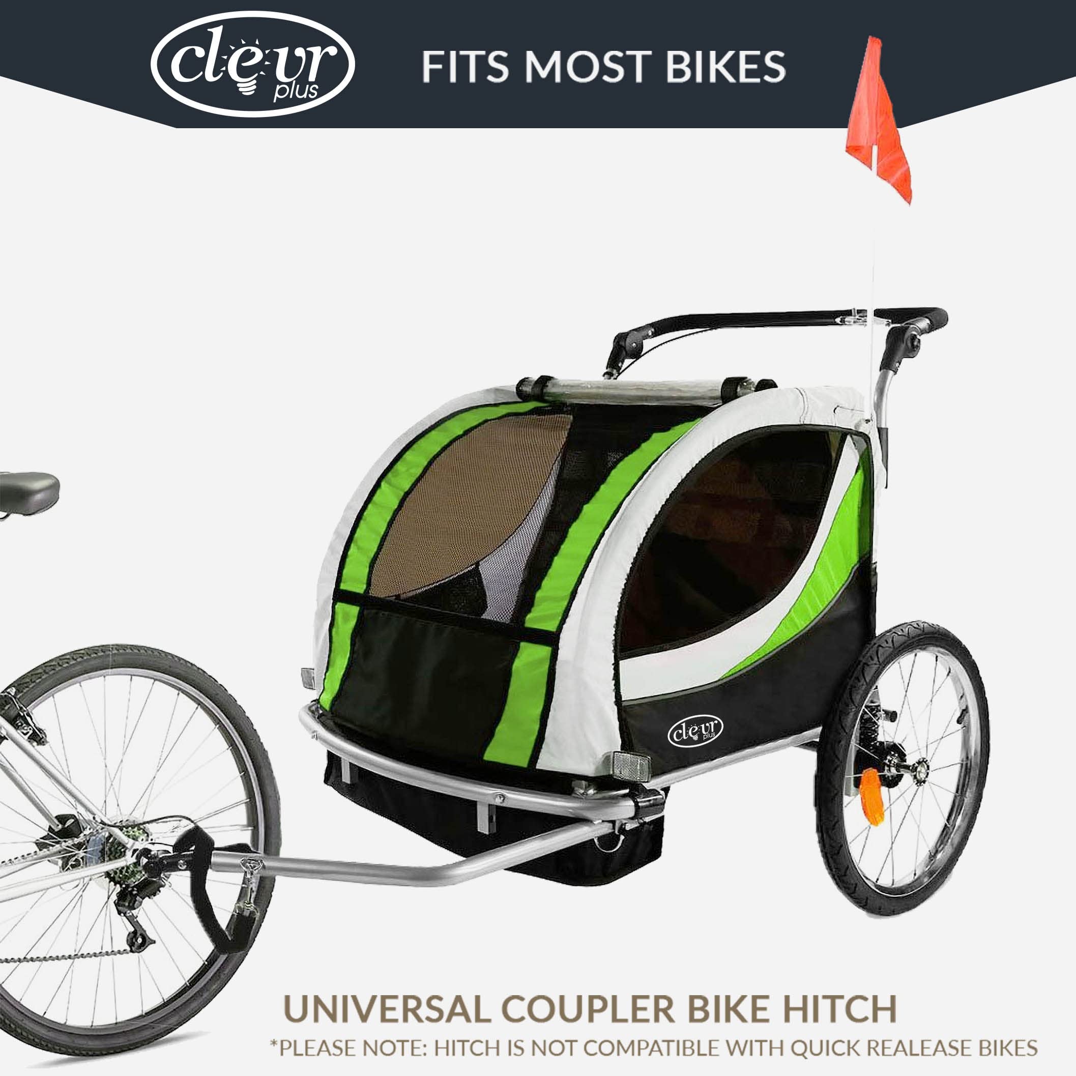 ClevrPlus Deluxe 3-in-1 Double Bike Trailer & Jogging Stroller for 2 Kids | Foldable, Collapsible Design with Pivot Front Wheel | Perfect for Cycling, Jogging & Outdoor Family Adventures
