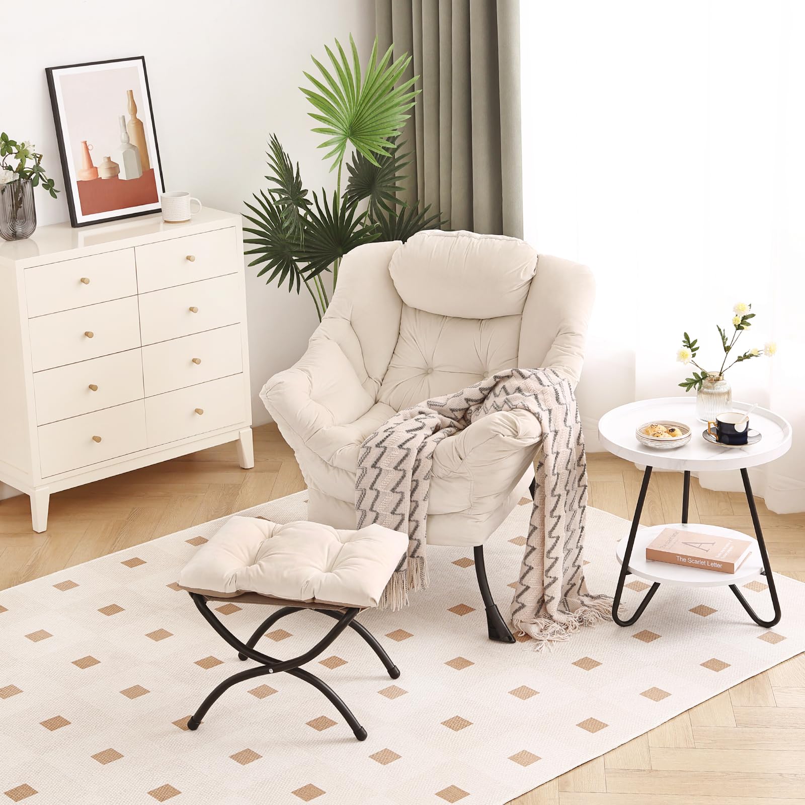 Modern Lazy Chair with Ottoman - Folding Footrest Lounge Accent Chair, Comfortable Oversized Armchair for Reading, Bedroom, Living Room & Study - Perfect for Relaxing, Napping & Home Decor (Beige)