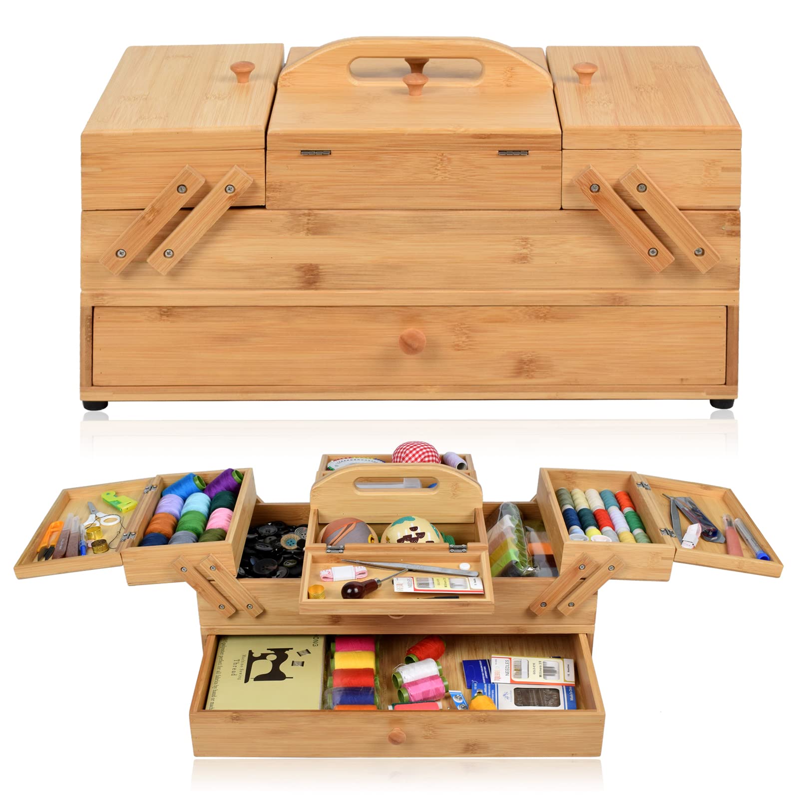 Wooden Sewing Box Organizer with 3 Tier Drawers - Perfect for Sewing Supplies, Craft Tools & Needles Storage - Ideal for Sewing Enthusiasts, Quilters & DIY Craft Projects