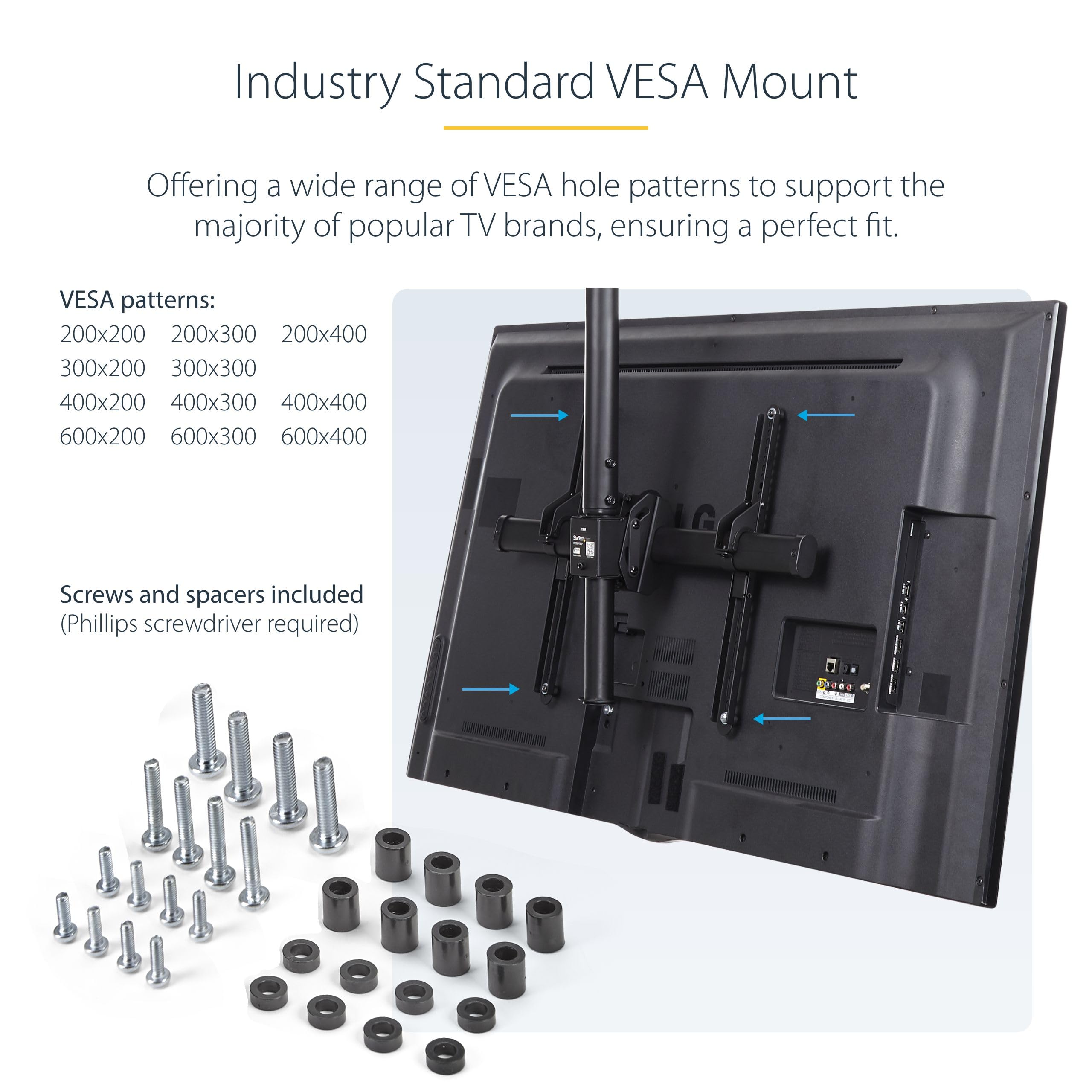 StarTech.com Adjustable TV Ceiling Mount for 32-75 Inch Flat Screens - VESA Compatible Telescoping Pole for Living Room, Bedroom & Commercial Spaces