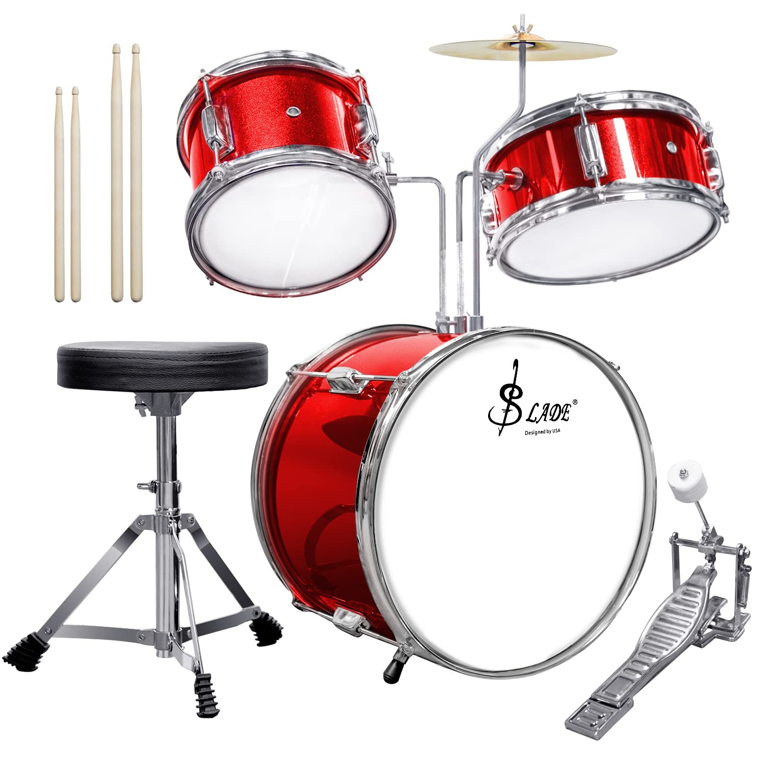 SLADE 3-Piece Kids Drum Set - Junior Drum Kit with Stool & Sticks, Musical Toy for Toddlers & Children (Red) | Perfect for Birthday Gifts, Music Education & Home Play