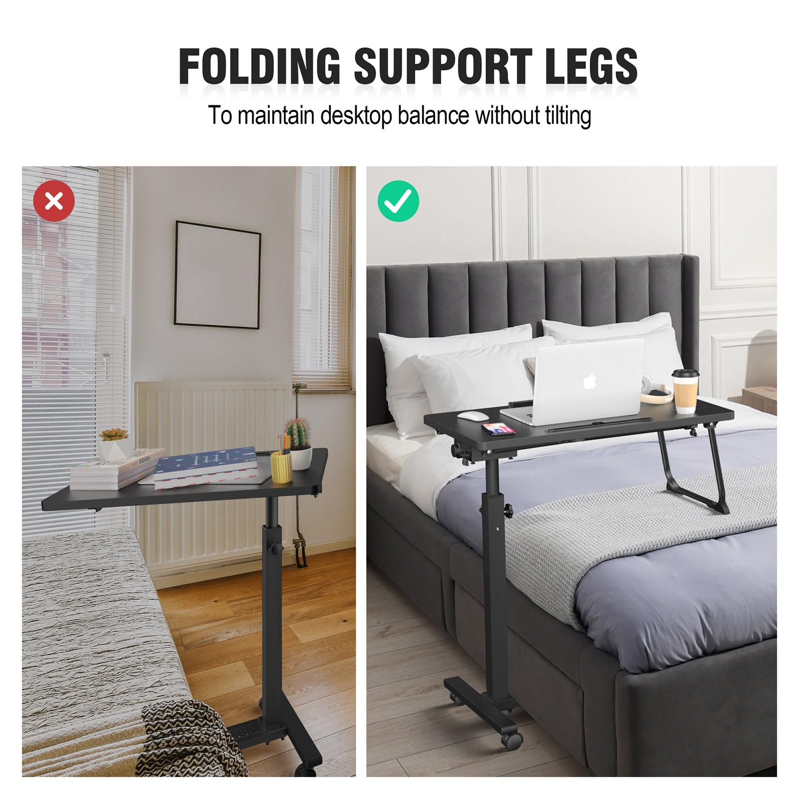 Adjustable Overbed Bedside Table with Wheels - Portable Rolling Desk for Hospital, Home & Office - Mobile Laptop Stand, Computer Cart & Standing Desk Tray - Perfect for Patients, Students & Remote Work