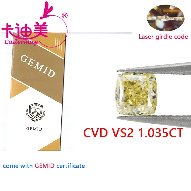 1CT VS2 Clarity Cushion Shape Yellow CVD Lab Grown Diamond - Loose Stone with Certificate for Wedding & Fine Jewelry Making - Engagement Rings, Necklaces & Custom Jewelry Designs