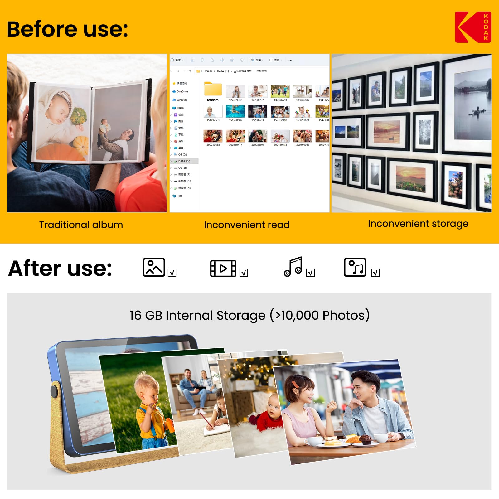KODAK 10.1 Inch WiFi Digital Photo Frame with 4000mAh Battery | 1920x1200 HD IPS Touch Screen | 16GB Built-in Memory | Auto-Rotate | KODAK App Compatible | Perfect Gift for Family & Friends | Blue - Ideal for Home Decor, Office Display, and Sharing Memories Digitally