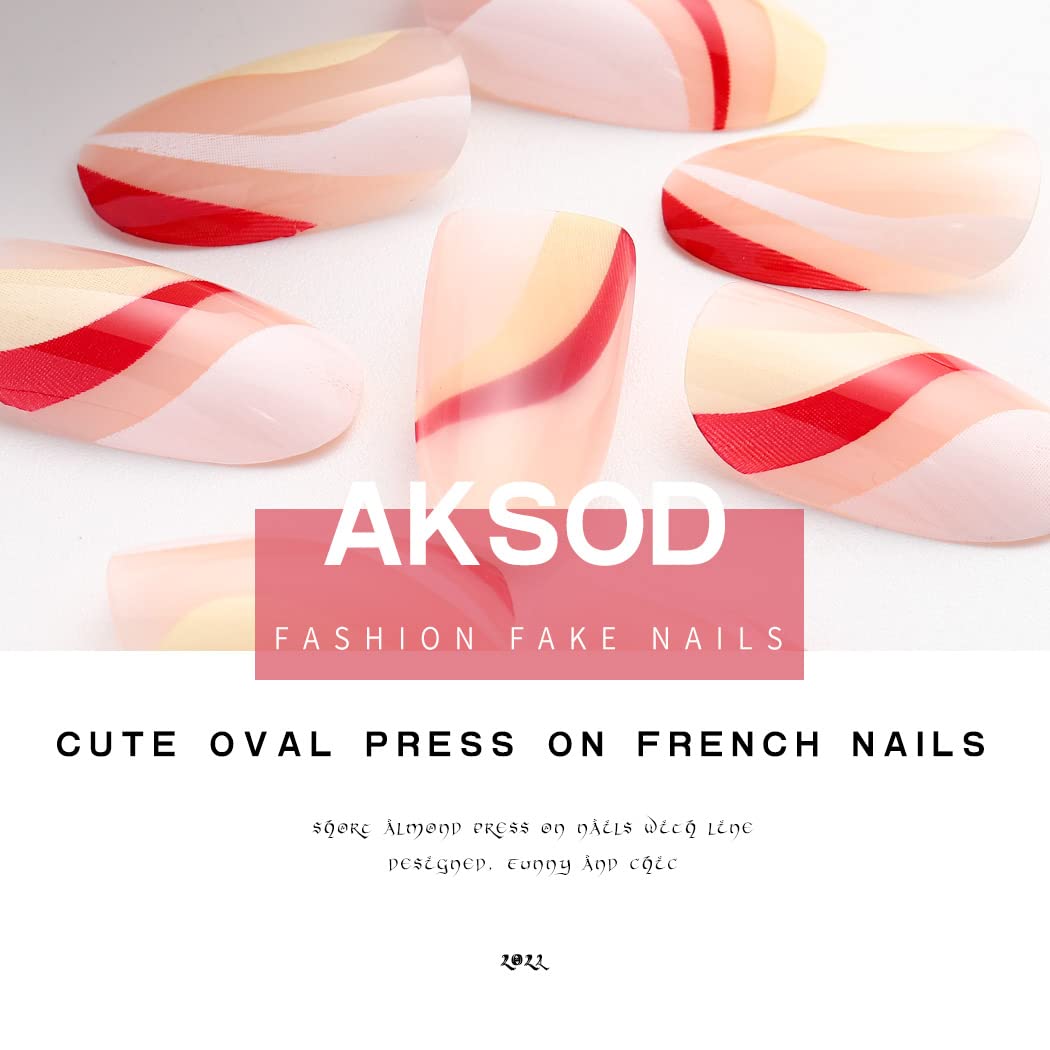 Short Almond Press on Nails - Glossy Pink Fake Nails with French Manicure Design & Abstract Swirl - 24Pcs Full Cover Stick on False Nails for Women - Perfect for Parties, Weddings & Daily Wear (Style D)
