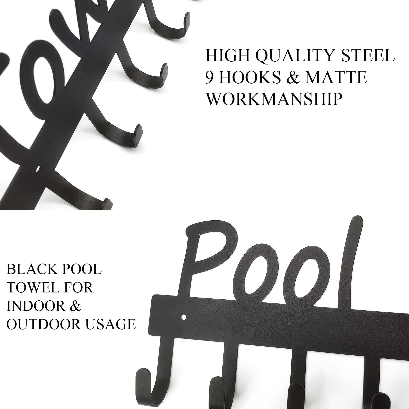 Black Outdoor Pool Towel Rack with 9 Hooks - Heavy Duty Towel Hanger for Swimsuits, Bathrobes & Clothes - Perfect for Poolside, Beach House & Bathroom Organization