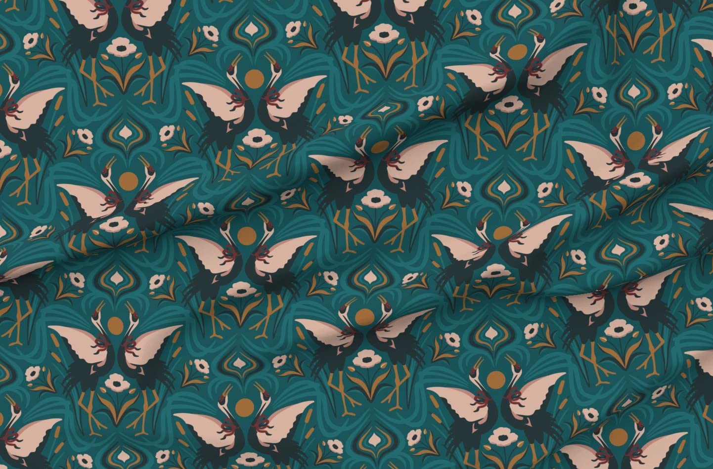 Sunset Crane Dance Pink Teal Birds Gold Poppies Upholstery Velvet Fabric by The Yard - Premium Printed Home Decor Fabric for Curtains, Pillows & Furniture - Spoonflower Fabric for DIY Sewing Projects