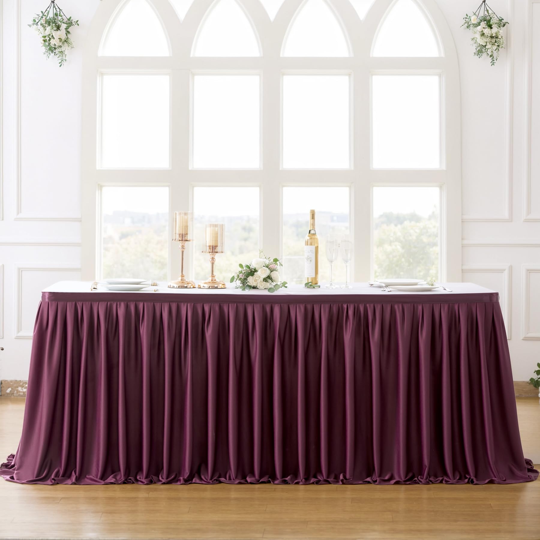 Burgundy Polyester Table Skirt 9ft - Wrinkle Resistant for Banquet & Wedding Decor