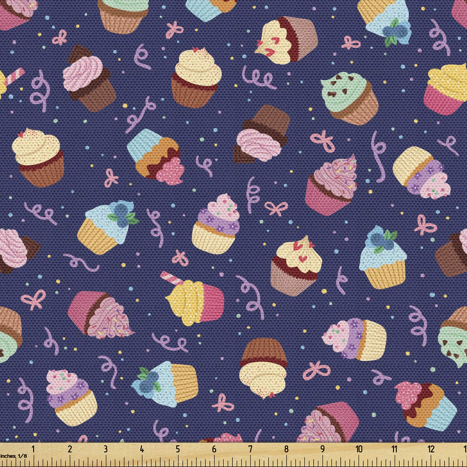 Ambesonne Dessert Fabric by The Yard - Colorful Frosted Cupcakes & Bows Rain Pattern Upholstery Material for DIY Home Decor, Curtains, Tablecloths (10 Yards, Multicolor) - Perfect for Party Decorations, Craft Projects & Sweet-Themed Room Accents
