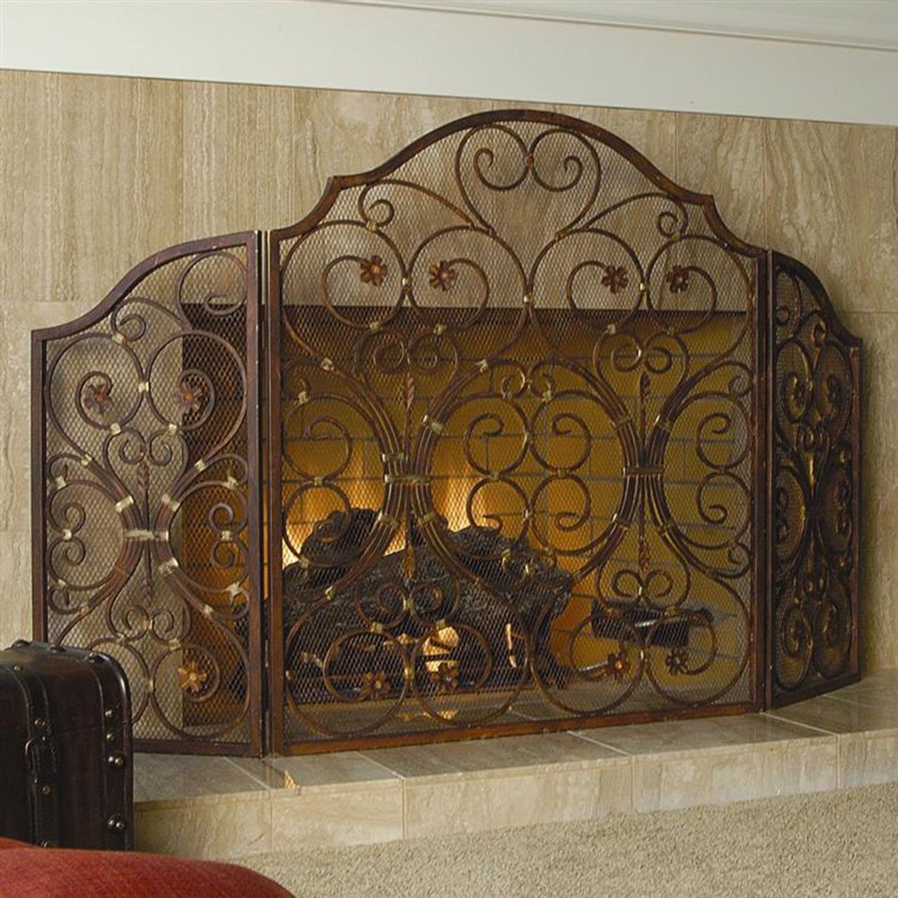 Provincial 3-Panel Wrought Iron Fireplace Screen - Decorative & Functional Hearth Guard for Living Room, Bedroom, or Cabin