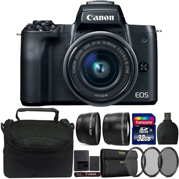 Canon EOS M50 Mirrorless Digital Camera with 15-45mm Lens (Black) - 32GB Memory Card & Accessory Kit - Perfect for Vlogging, Travel Photography & Content Creation