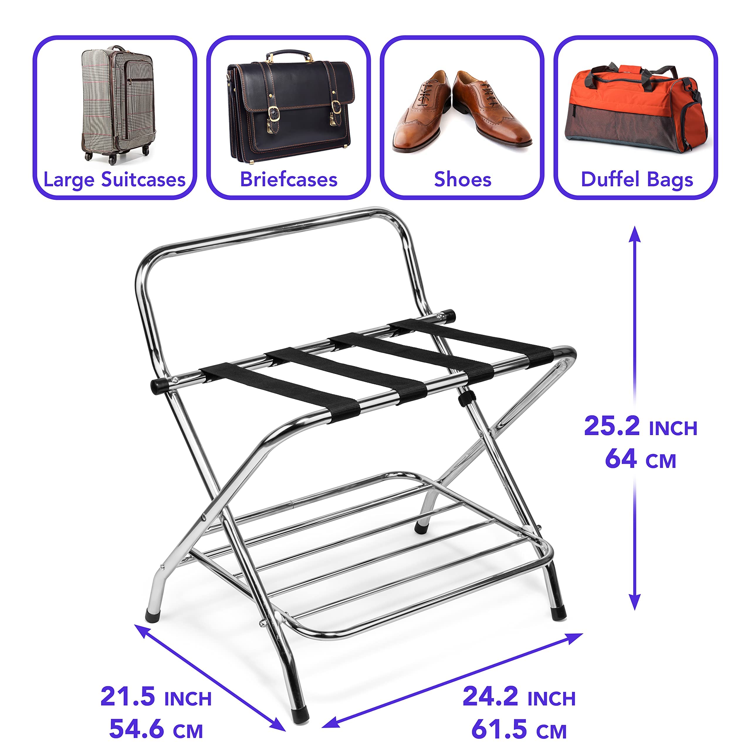Chrome Double-Tier Luggage Rack with High Back - Foldable Fully Assembled Guest Room Storage (2-Pack) | Perfect for Hotels, Bedrooms & Small Space Organization