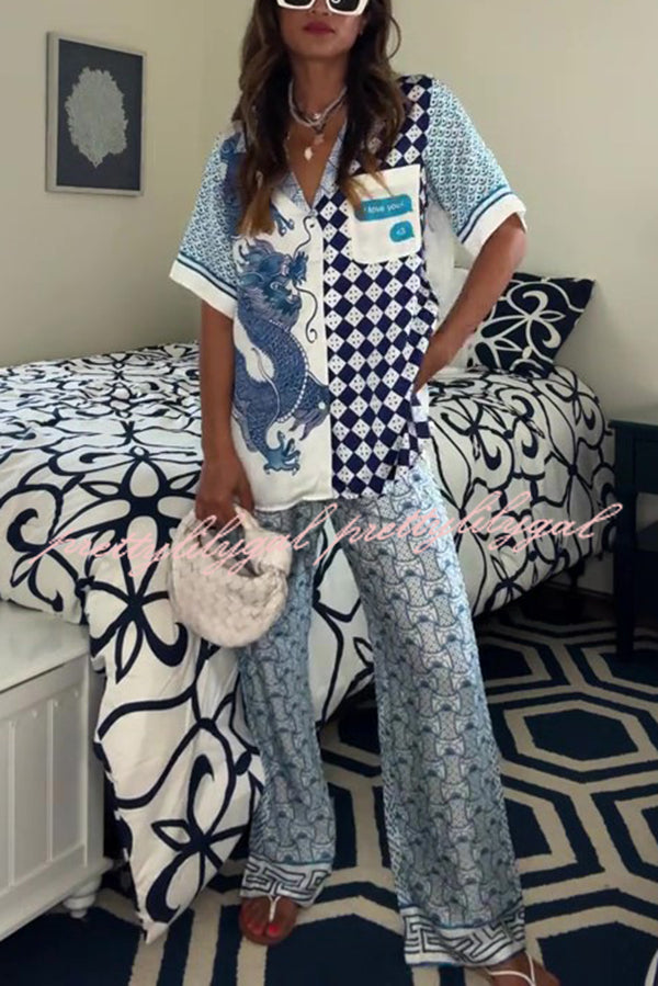 Stylish Dragon Print Short Sleeve Silk Satin Top & Elastic Waist Pocket Pants Set - Loose Fit Asian Inspired Outfit for Women | Perfect for Casual Wear, Yoga, Lounge & Festival Fashion