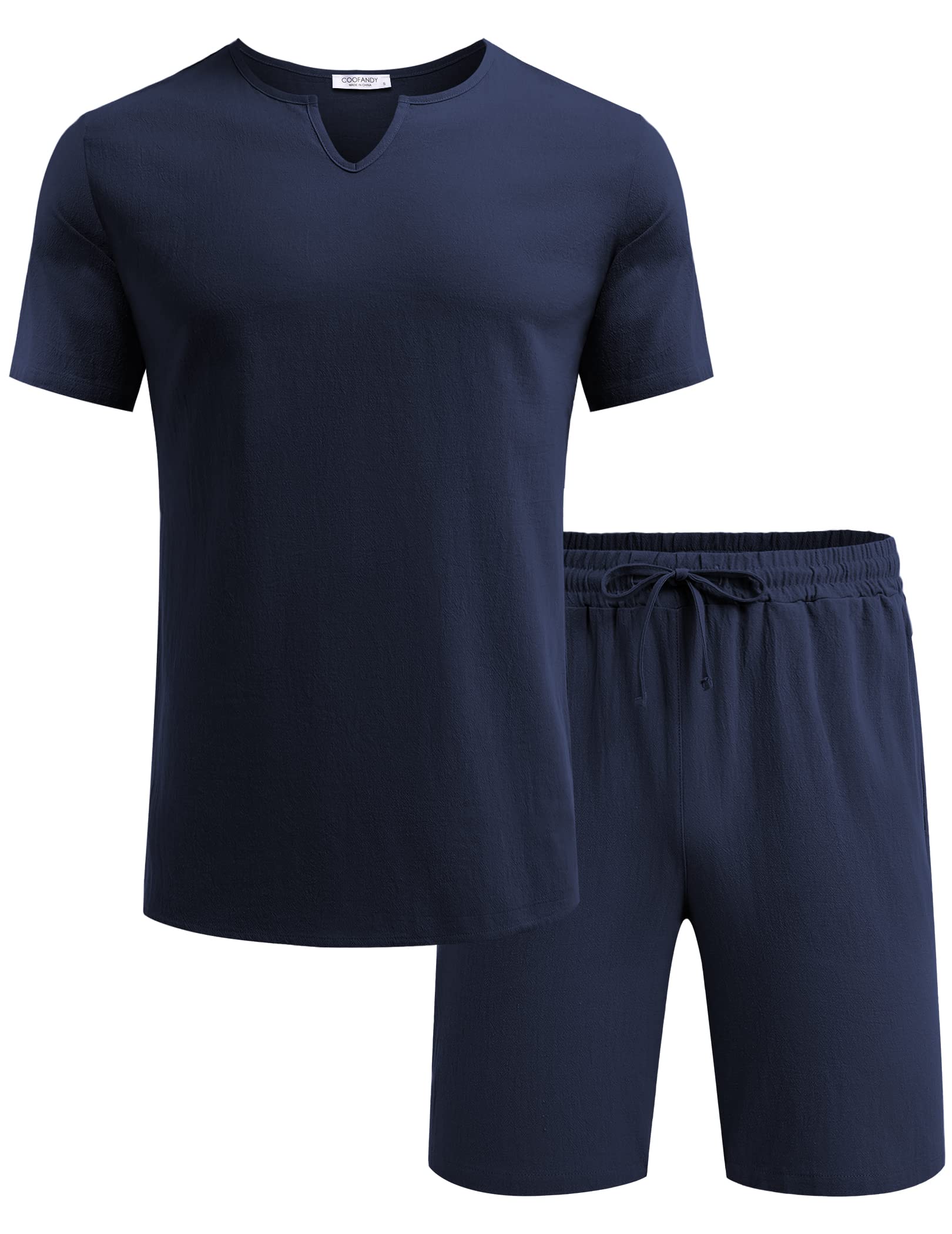 COOFANDY Men's Matching Shirt and Shorts Set - Summer Cotton Linen Lounge Suit | 2-Piece Lightweight Beach Outfit in Navy Blue | Perfect for Casual Wear, Vacation & Outdoor Activities