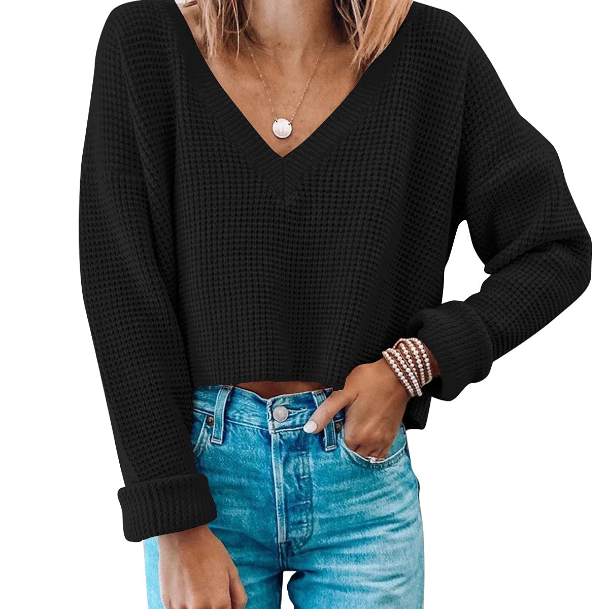 Jumppmile Women's V-Neck Waffle Knit Cropped Top Long Sleeve Pullover Sweater | Casual Fall Winter Fashion Crop Top for Layering, Date Night & Office Wear