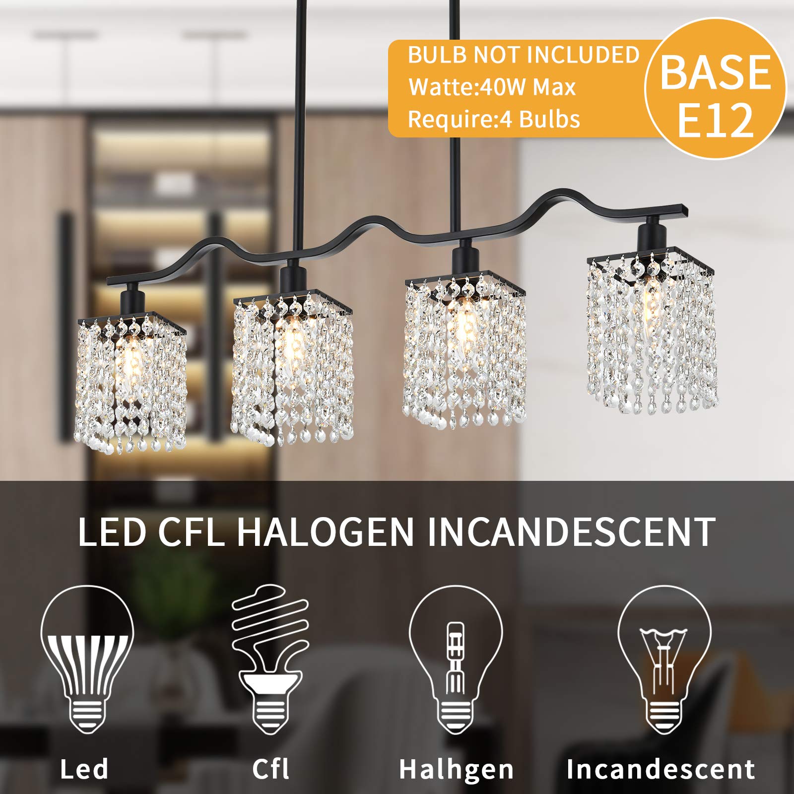Modern Crystal Chandelier 4-Light Kitchen Island Pendant - K9 Crystal Rectangular Ceiling Light Fixture with Adjustable Height - Perfect for Dining Room, Kitchen, Breakfast Nook & Home Decor Lighting
