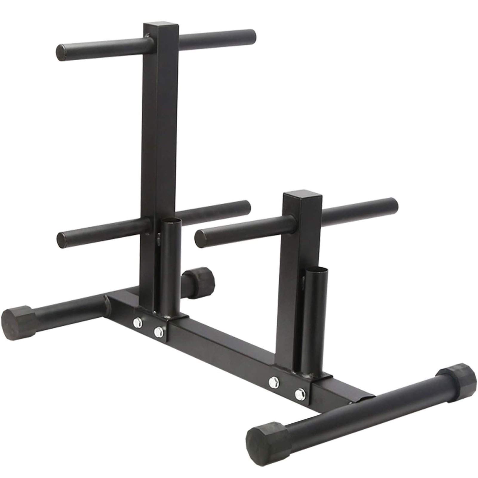 JSQC 1 Inch Weight Plate Rack Tree - Olympic Dumbbell Plate Storage Stand with 2 Standard Bar Holders for Home Gym - 440 lb Capacity - Black - Perfect for Organizing Free Weights in Small Spaces & Garage Workouts