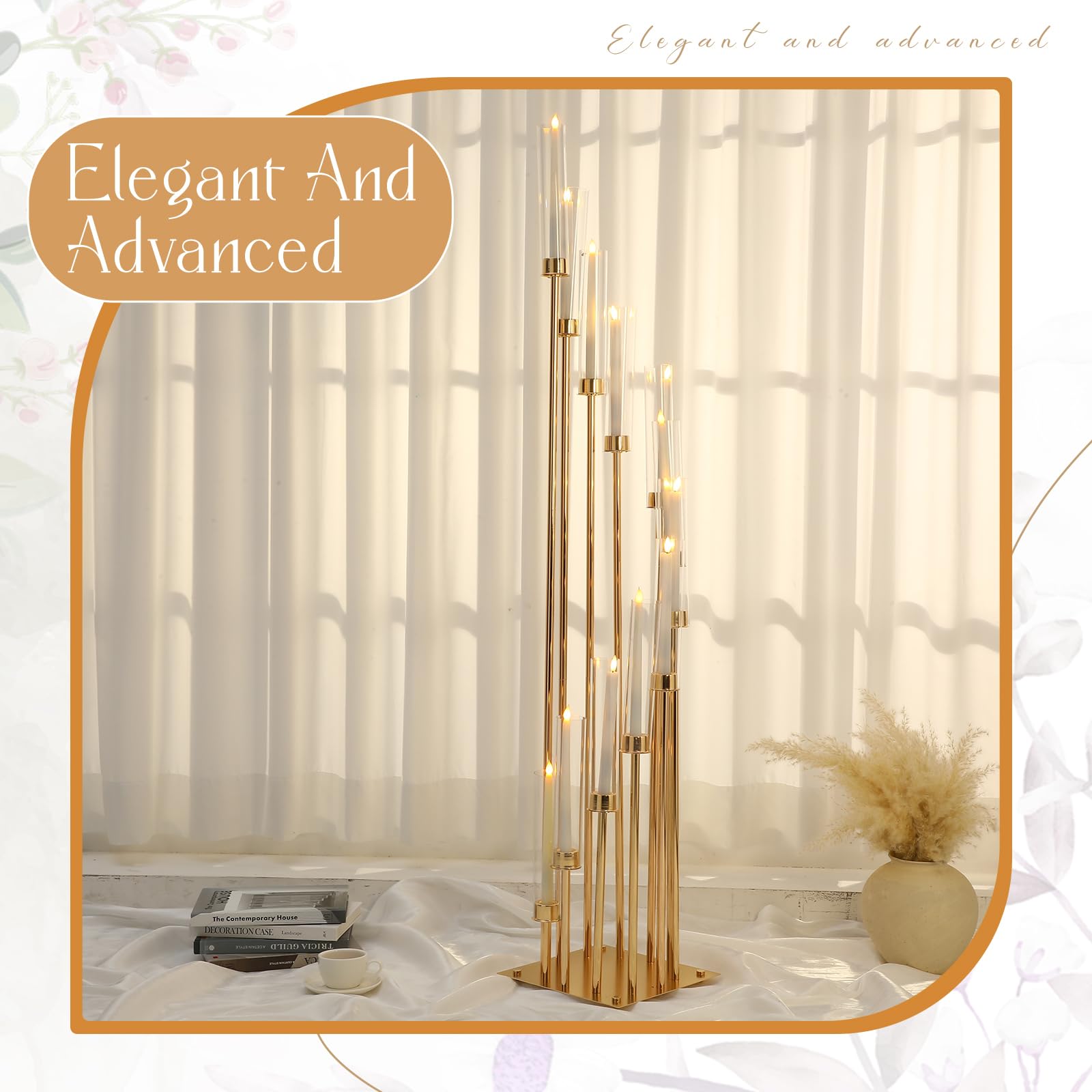 2-Pack Gold 12-Arm Candelabra Floor Stand - 57.5 Inch Tall Wedding Centerpiece with Clear Acrylic Shades & LED Candles for Valentine's Day, Christmas, Spring Decor | Elegant Home & Event Lighting