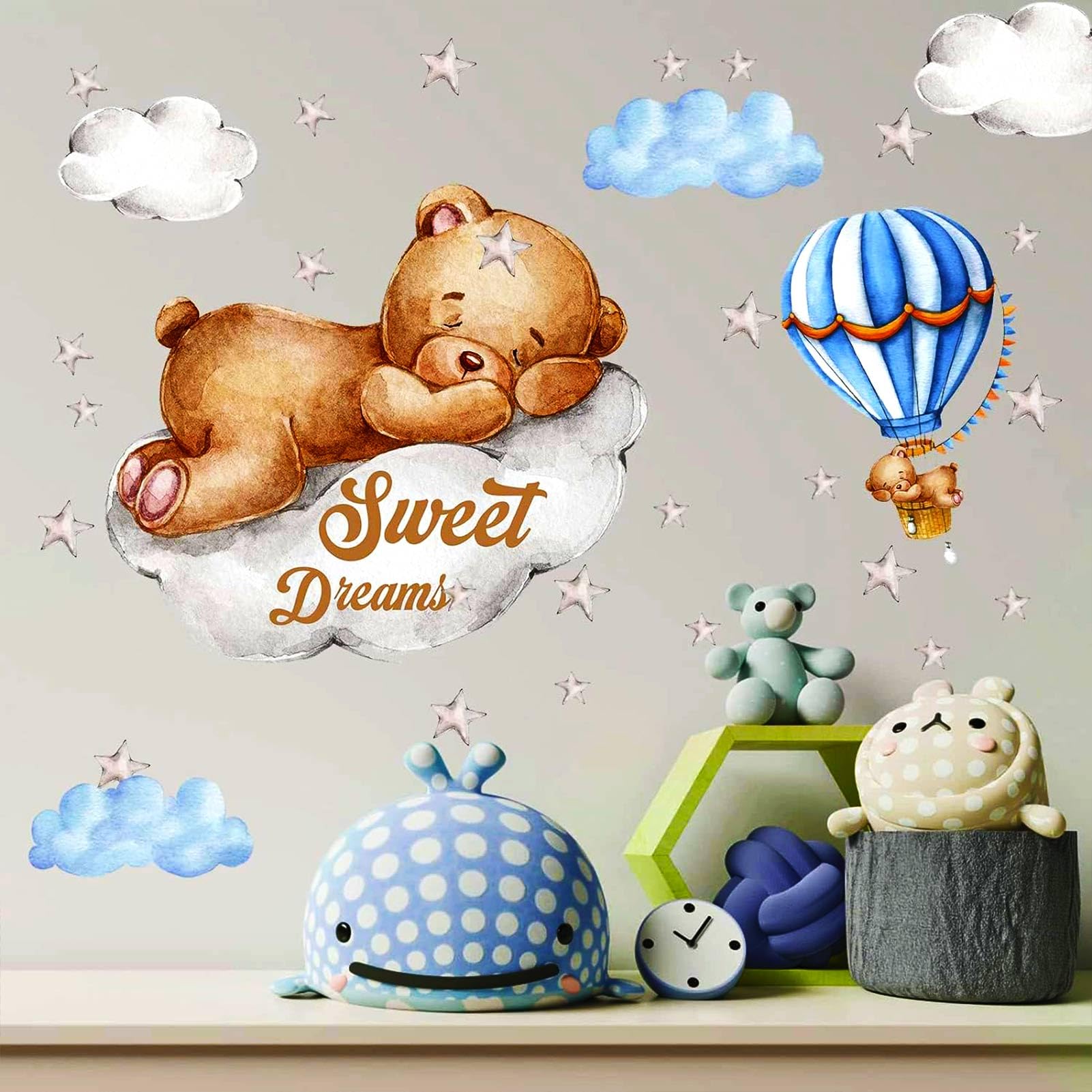 Tedy Bear Moon & Stars Wall Decals - Adhesive Nursery Wall Stickers for Baby Room Decor | Perfect for Kids Bedroom, Playroom & Nursery Wall Art