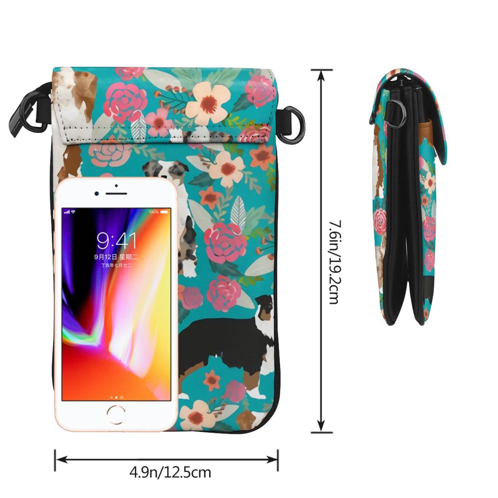 Australian Shepherd Dog Floral Print PU Leather Crossbody Phone Purse for Women - Stylish Small Wallet Bag for Daily Use, Travel & Shopping