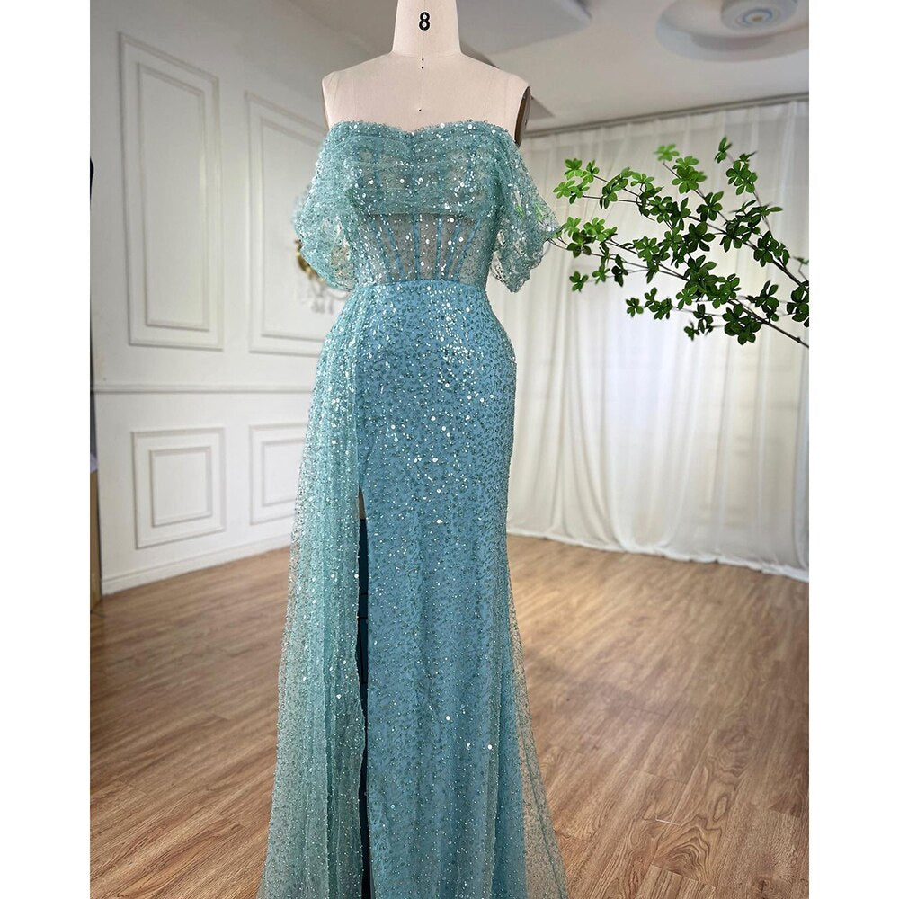 Serene Hill Turquoise Mermaid Elegant Overskirt Evening Dress Gown 2025 - Beaded Formal Gown for Women Wedding Party Prom Night - LA71945