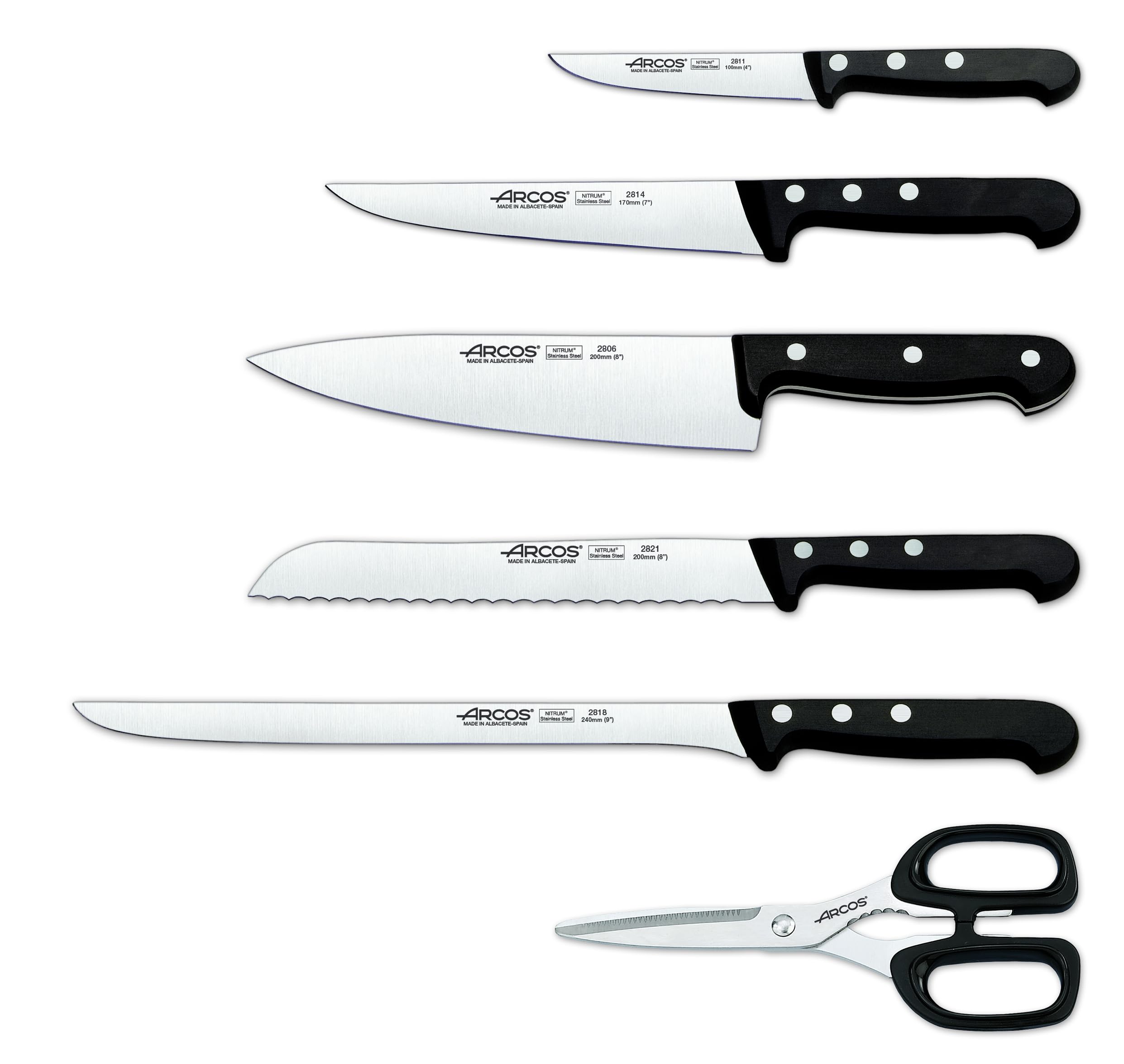 Premium Arcos 6-Piece Kitchen Knife Set with Wood Block - 5 Stainless Steel Knives & 1 Scissors, Ergonomic POM Handles - Perfect for Home Chefs, Cooking Enthusiasts & Professional Kitchens