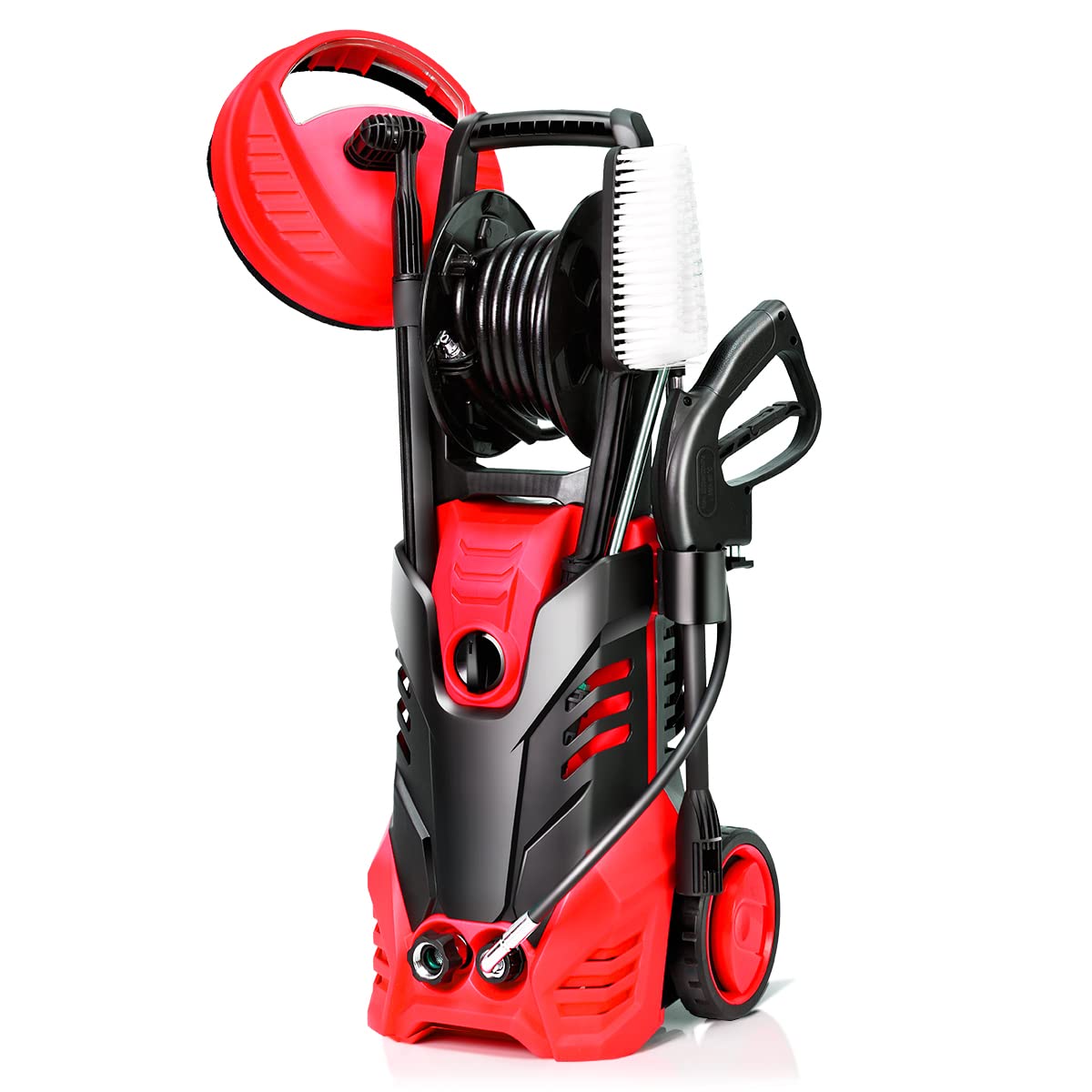 Happytools 3000 PSI Electric Pressure Washer - 2 GPM Portable High-Pressure Power Washer with 5 Quick Connect Nozzles, Hose Reel, Spray Gun & Patio Cleaner - Ideal for Driveway, Deck, Fence & Outdoor Cleaning (Red)
