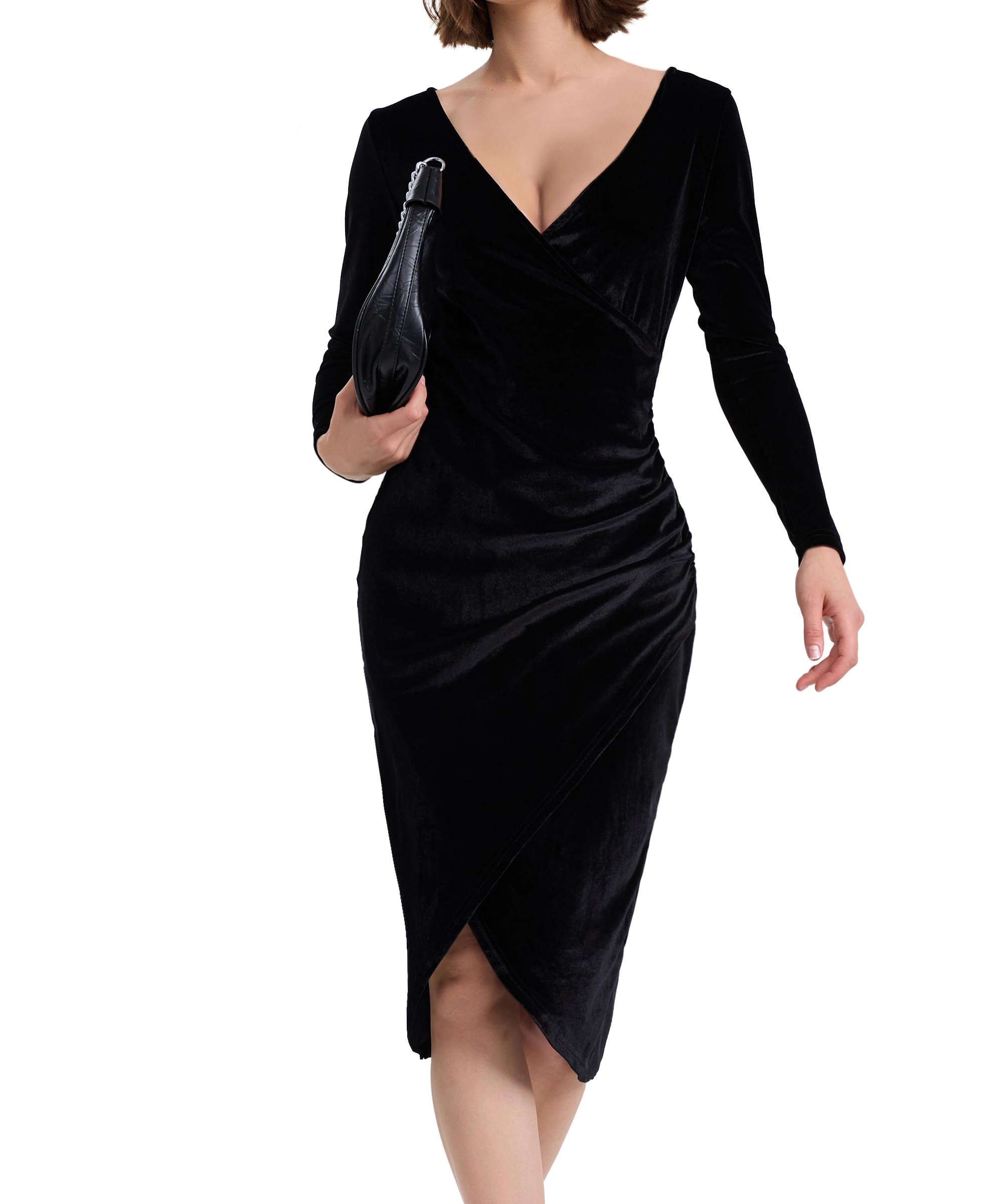 Elegant Long Sleeve V-Neck Bodycon Ruched Wrap Velvet Dress for Wedding Guest & Formal Occasions - Perfect for Evening Parties, Cocktail Events & Holiday Celebrations