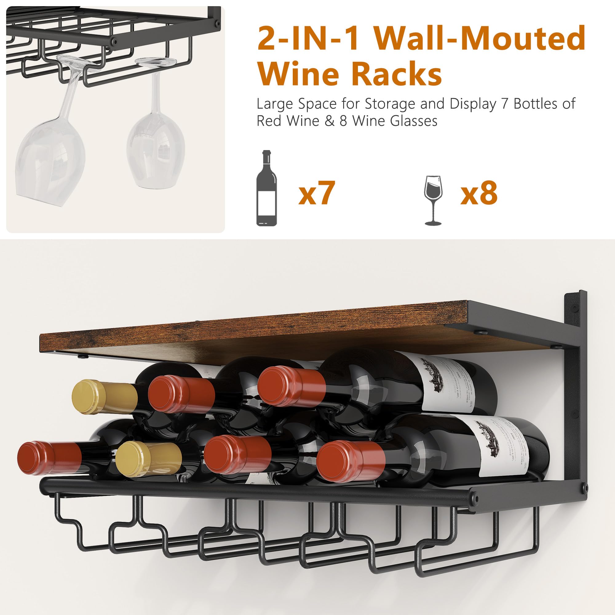 2-Tier Wall Mounted Wine Rack with Bottle Holder & Glass Storage - Rustic Bar Shelves for Liquor Display - Space-Saving Hanging Wine Rack for Home Bar, Kitchen, Dining Room & Wine Cellar Organization