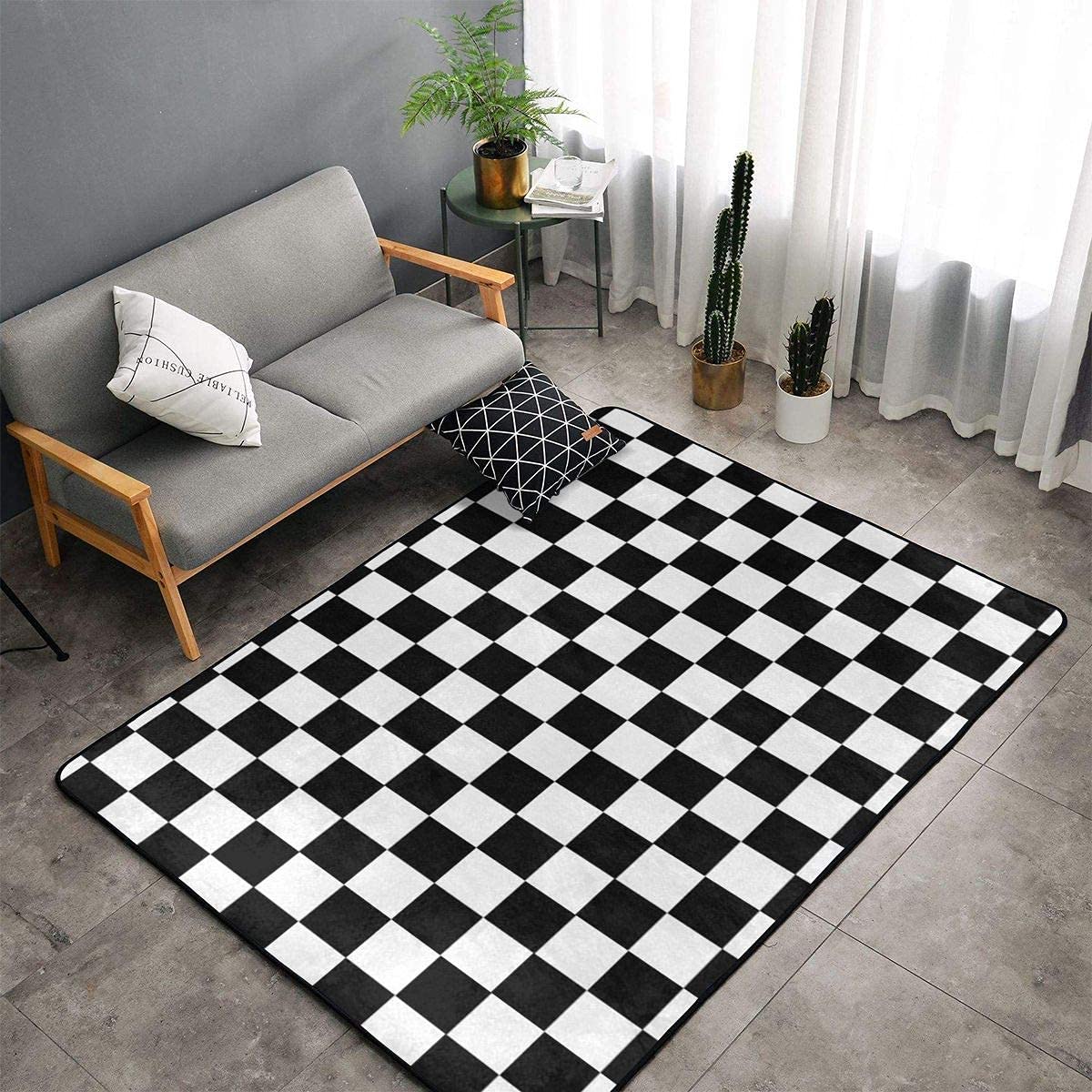 Black and White Checkered Flag Racing Area Rug - Soft Washable Grid Carpet with Non-Slip Backing for Living Room, Bedroom, Kitchen, Dining Room & Home Office (5.3ft x 4ft) - Perfect for Racing Themed Decor, Man Cave, Game Room & Sports Enthusiast Gifts