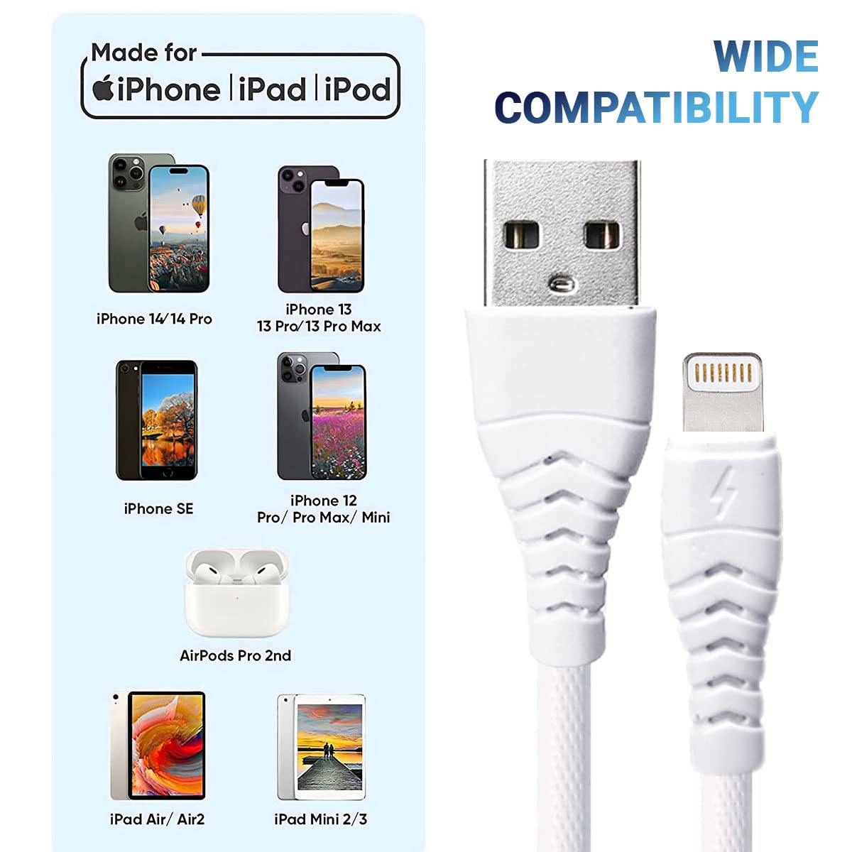 Liramark 1.2M White Lightning to USB A Cable - Fast Charging & Data Sync for iPhone 14/13/12/11/X, iPad Air/Mini - Perfect for Home, Office & Travel Charging