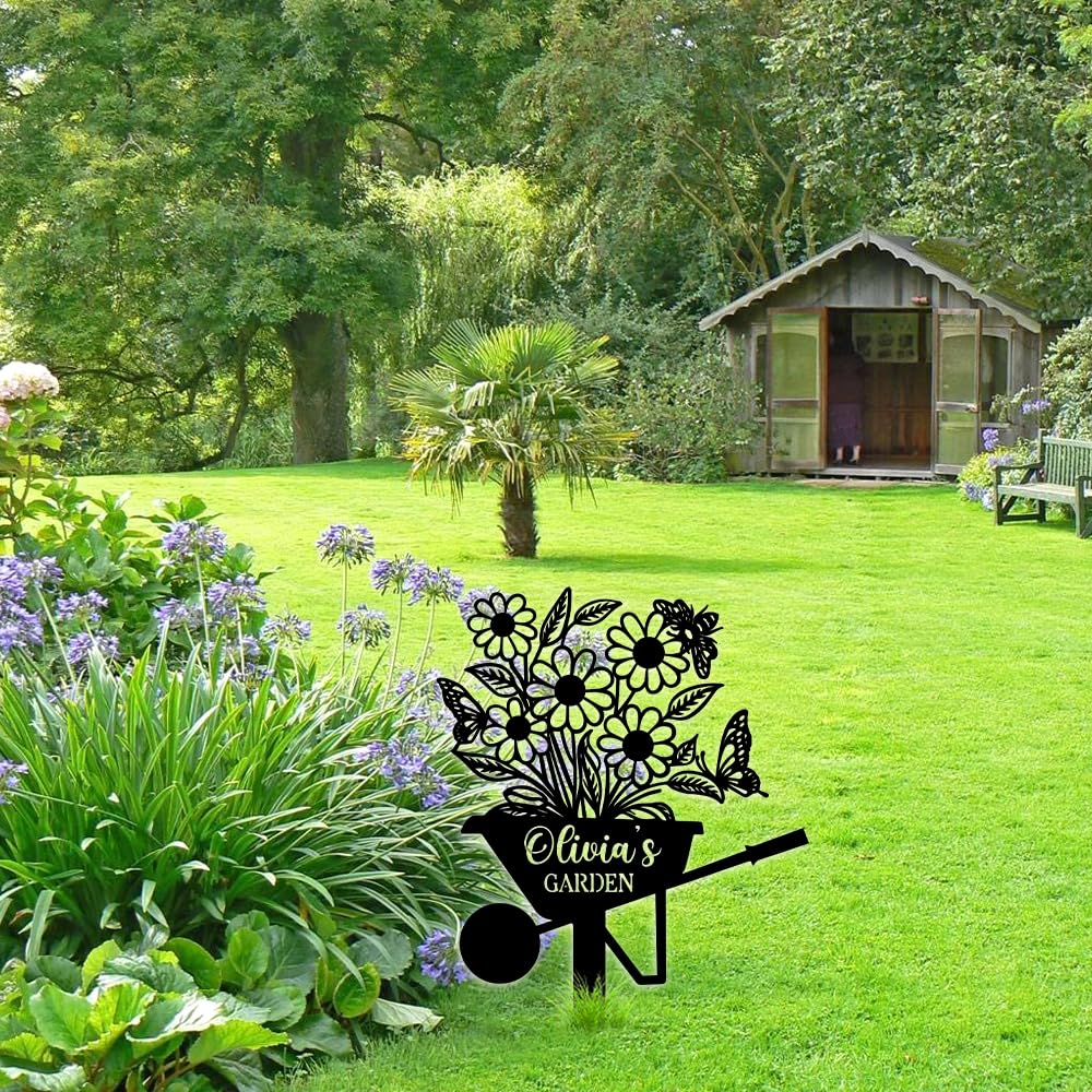 Custom Metal Garden Signs with Stake - Personalized Name Flower Decor for Outdoor Yard, Patio & Home - Unique Gift for Mom, Grandmother & Housewarming - Perfect for Gardens, Lawns & Outdoor Spaces