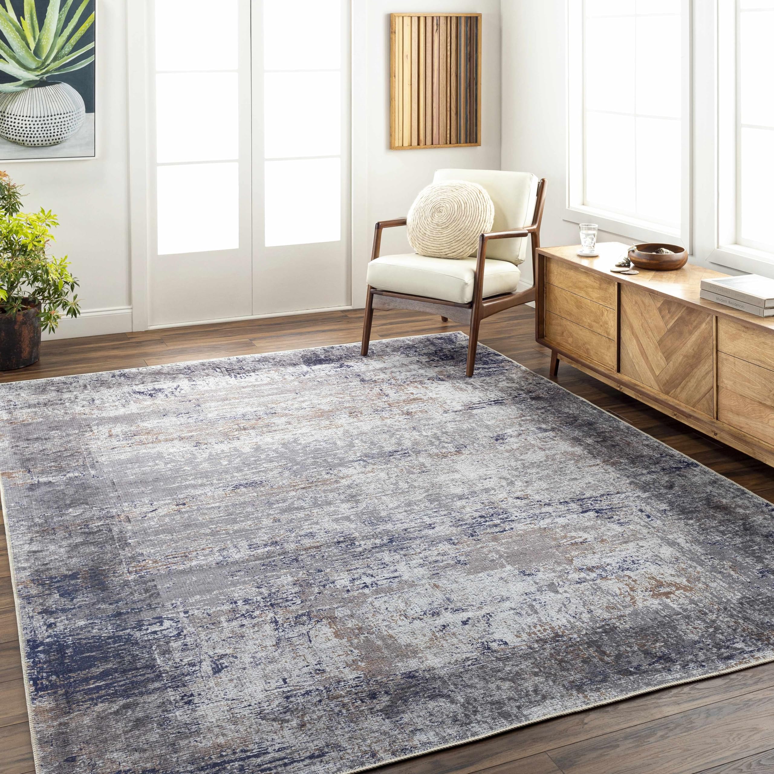Hauteloom Fairplains Washable Area Rug for Living Room & Bedroom - Soft Gray & Blue Modern Design - 6'7