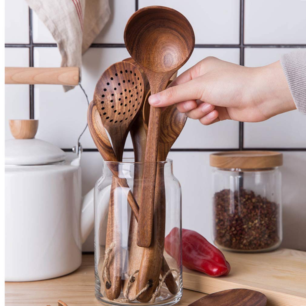 Premium Wooden Kitchen Cooking Utensils Set - 12-Piece Non-Stick Heat Resistant Cookware with Holder - Natural Bamboo Kitchen Gadgets Tools for Baking, Stirring & Serving - Ideal Housewarming Gift for New Homeowners