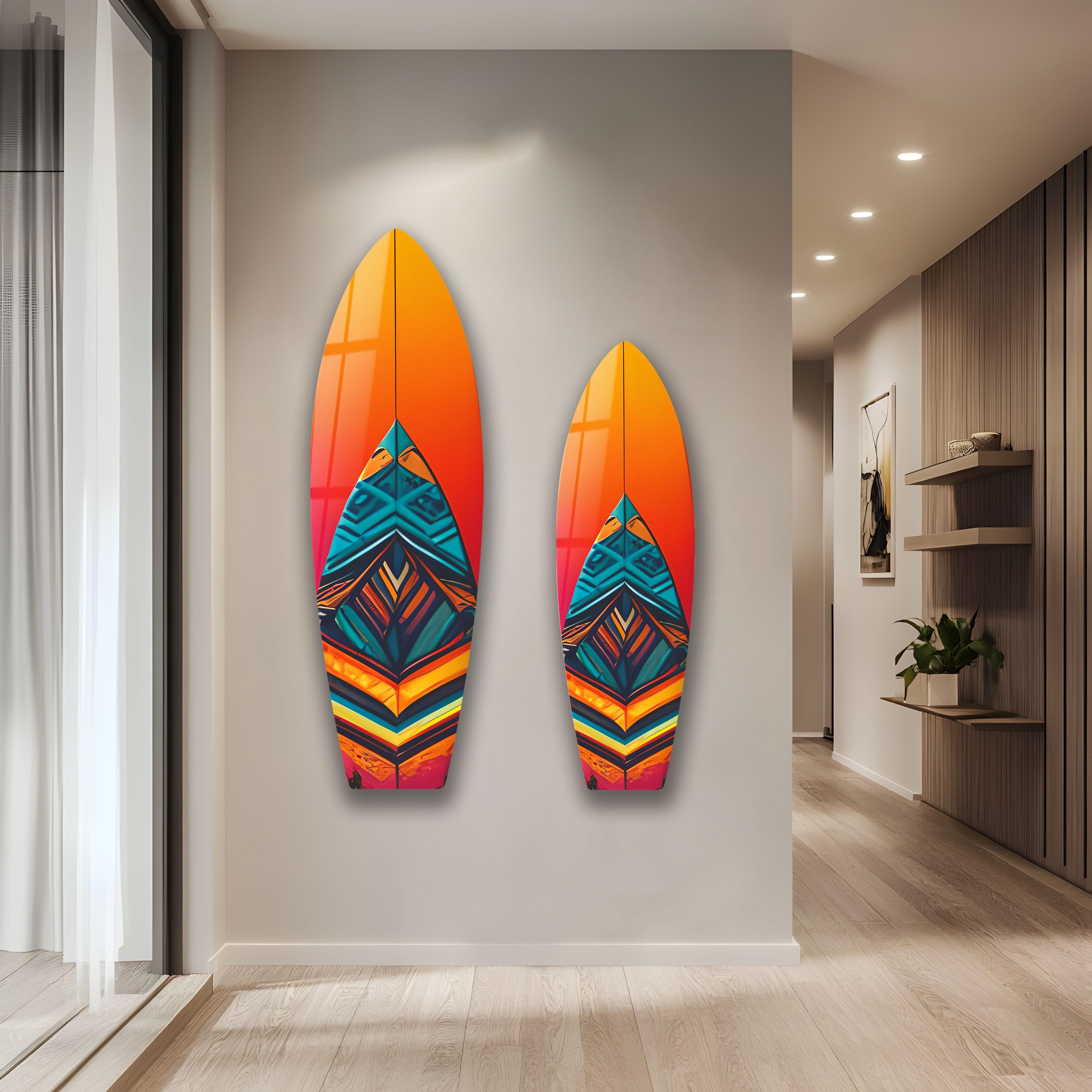 Blue Orange Details Surfboard Wall Art - Coastal Beach Decor for Living Room, Bedroom & Office - Perfect Surfing Theme Home Décor