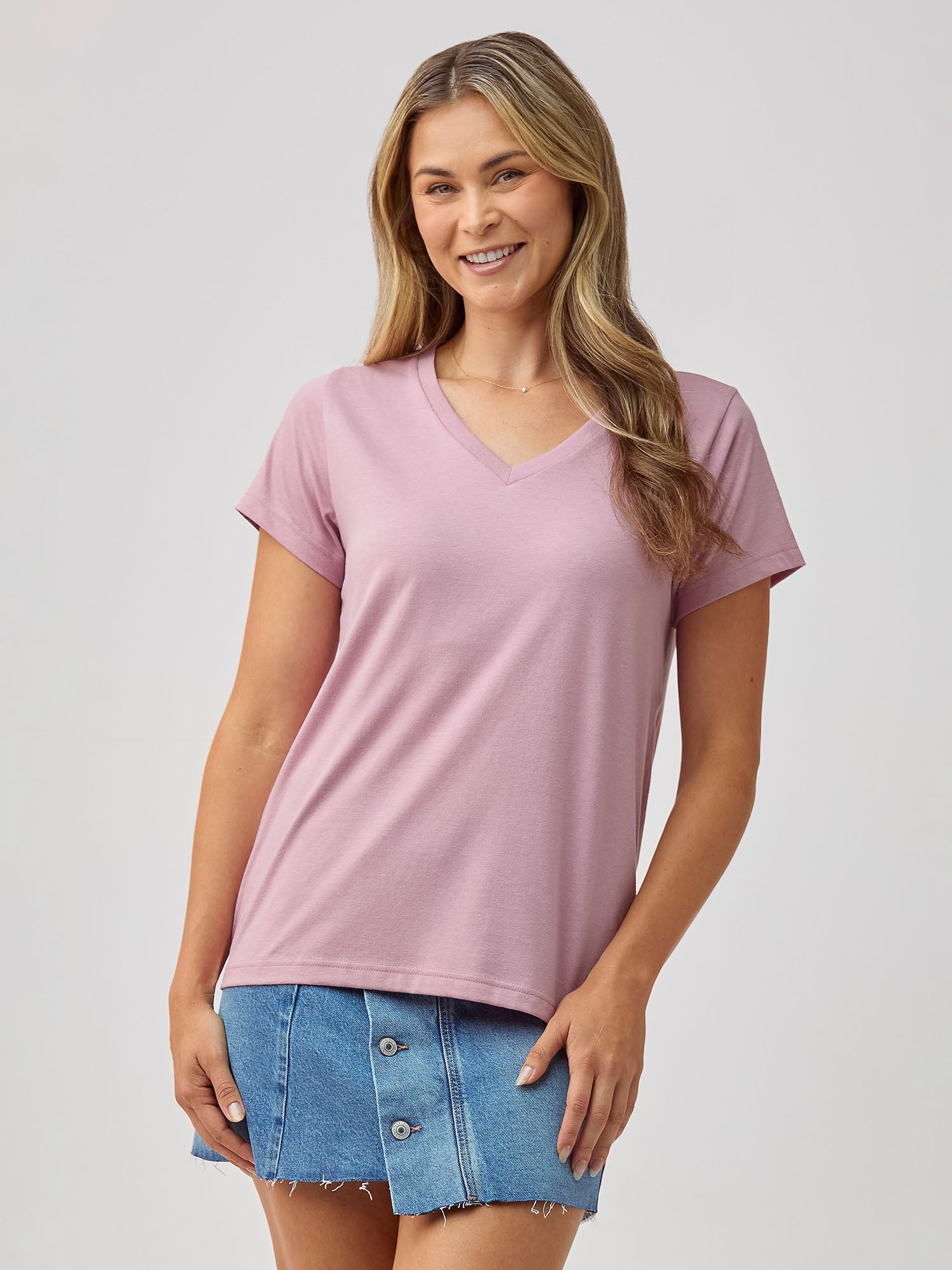 Women's Chalk Pink V-Neck T-Shirt - Soft Cotton Casual Top for Everyday Wear | Perfect for Work, Outings & Layering
