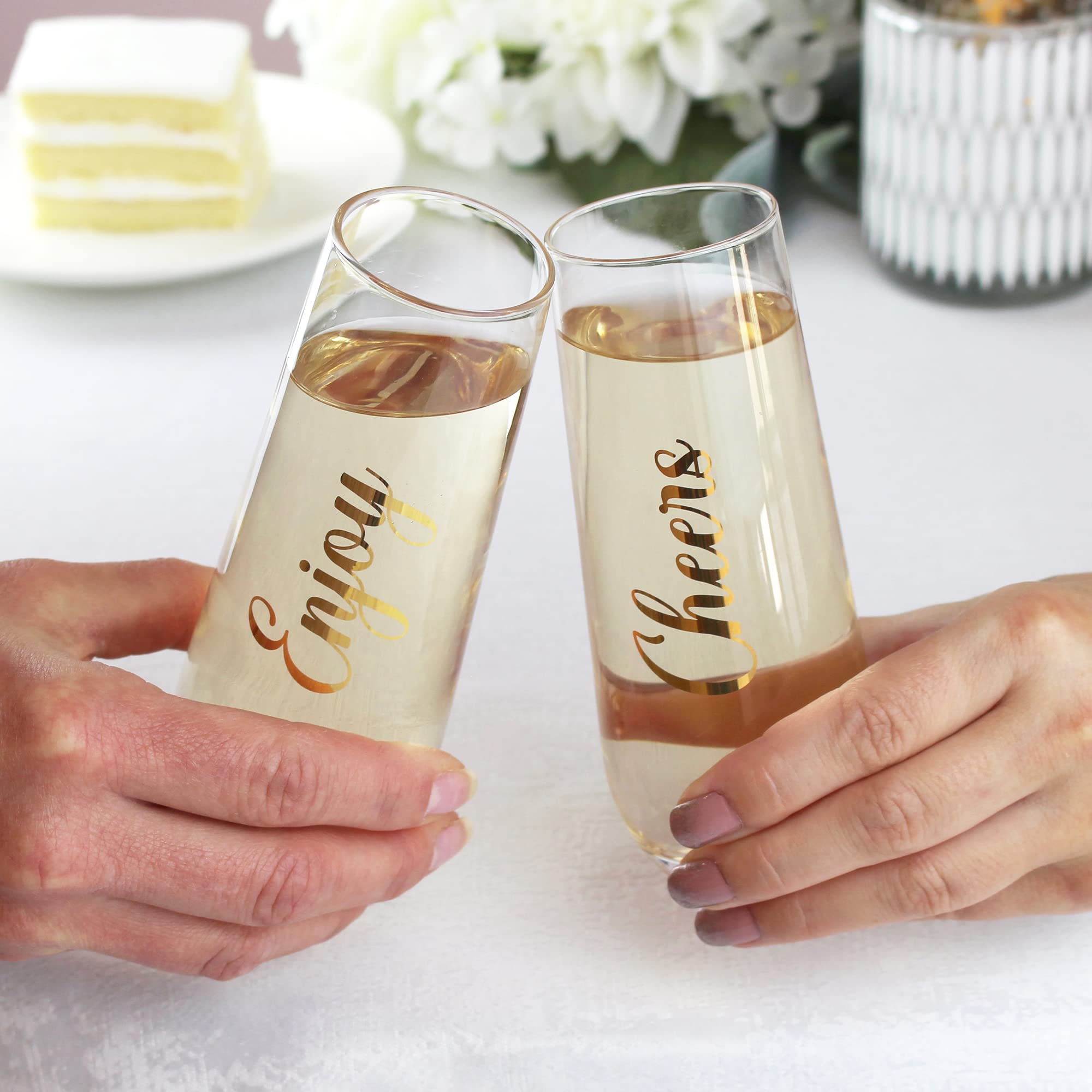 Lillian Rose Set of 4 Stemless Champagne Glasses with Inspirational Quotes - Perfect for Weddings, Bridal Showers & Romantic Celebrations